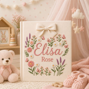Custom Hand Embroidered Baby Photo Album, Custom Name Floral Nursery Memory Book, Butterfly Wildflower Keepsake, Baby Shower Gift for Girls