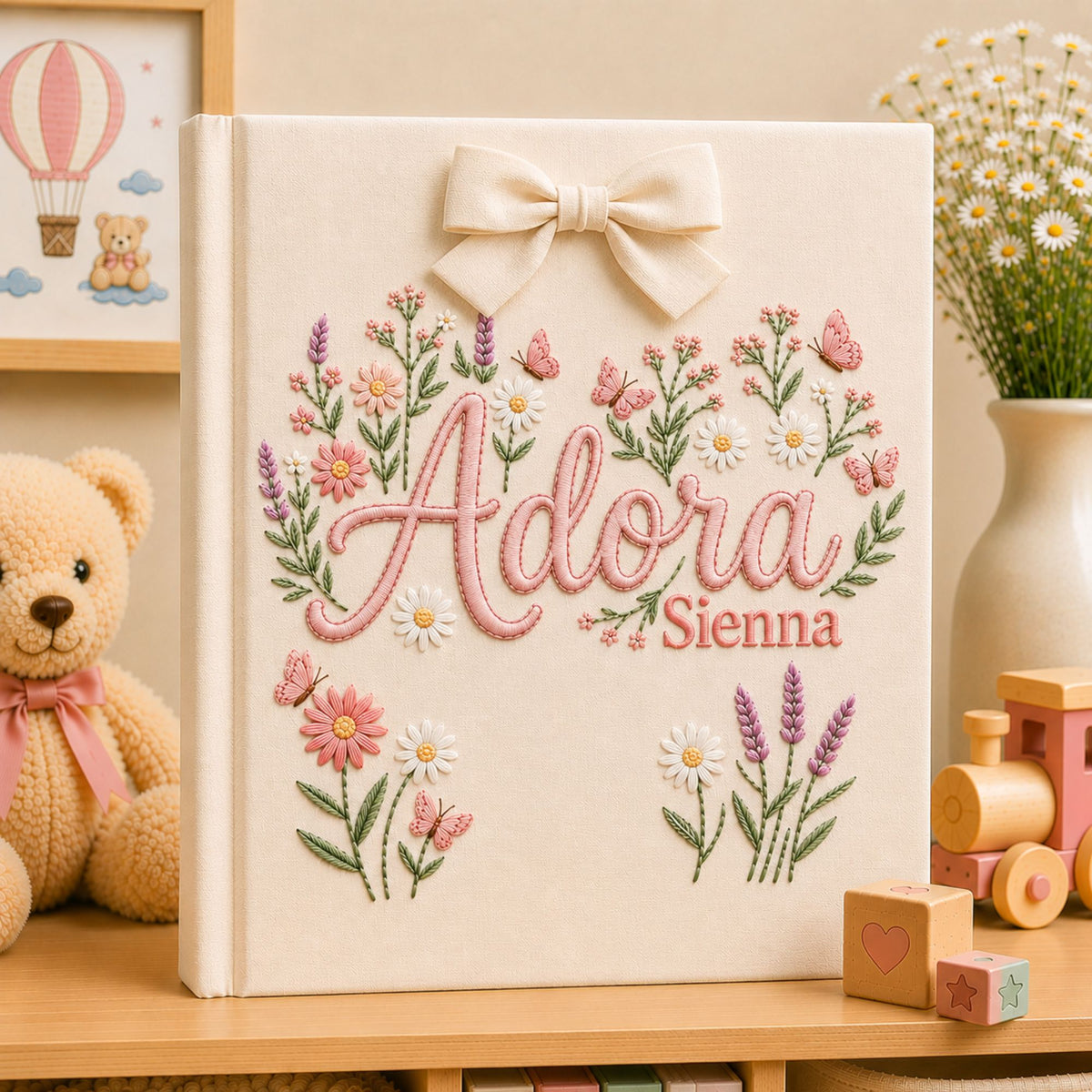 Custom Hand Embroidered Baby Photo Album, Custom Name Floral Nursery Memory Book, Butterfly Wildflower Keepsake, Baby Shower Gift for Girls