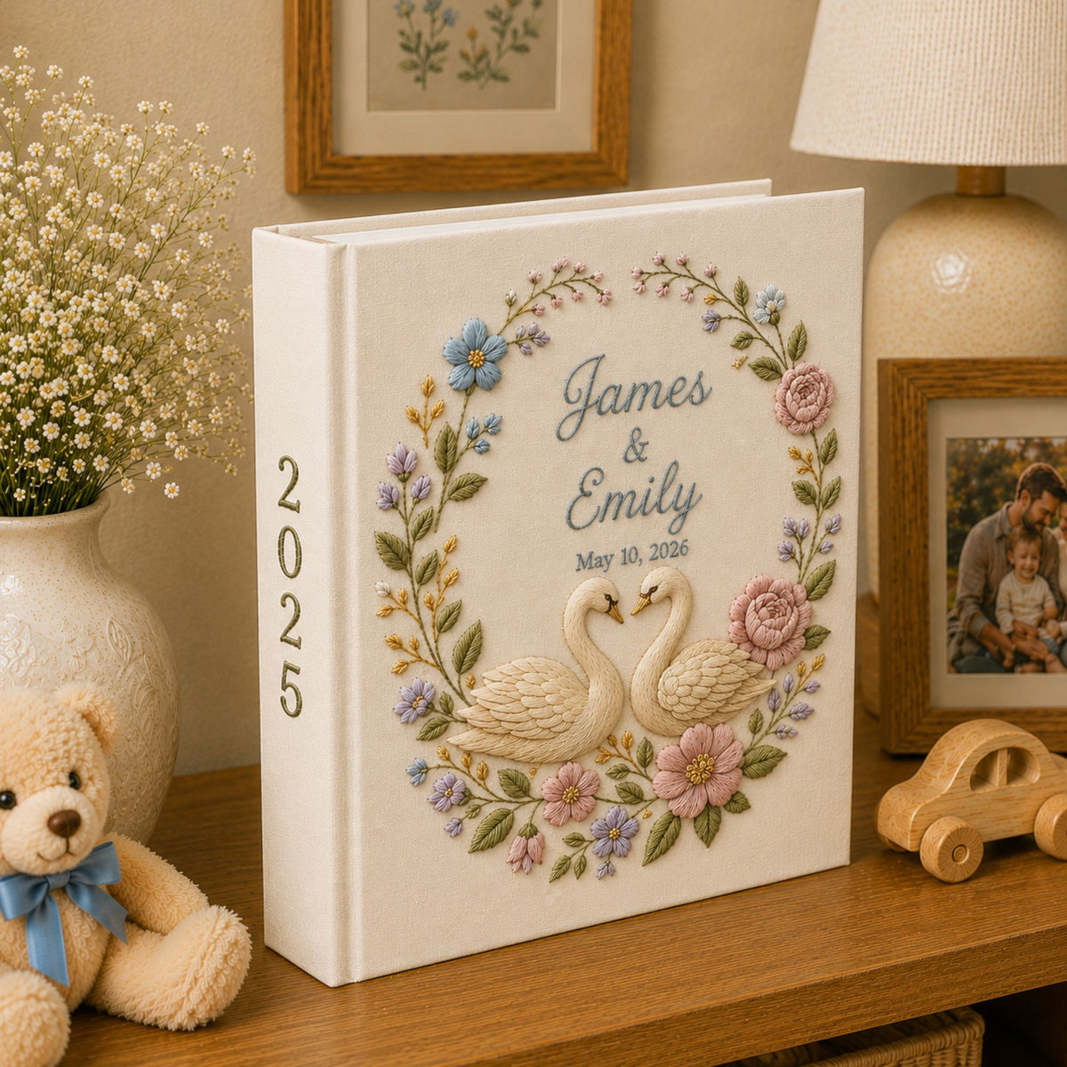 Custom Hand Embroidered Swan Floral Wedding Photo Album, Embroidered Rose Wedding Guest Book, Embroidered Swan Heart Memory Book