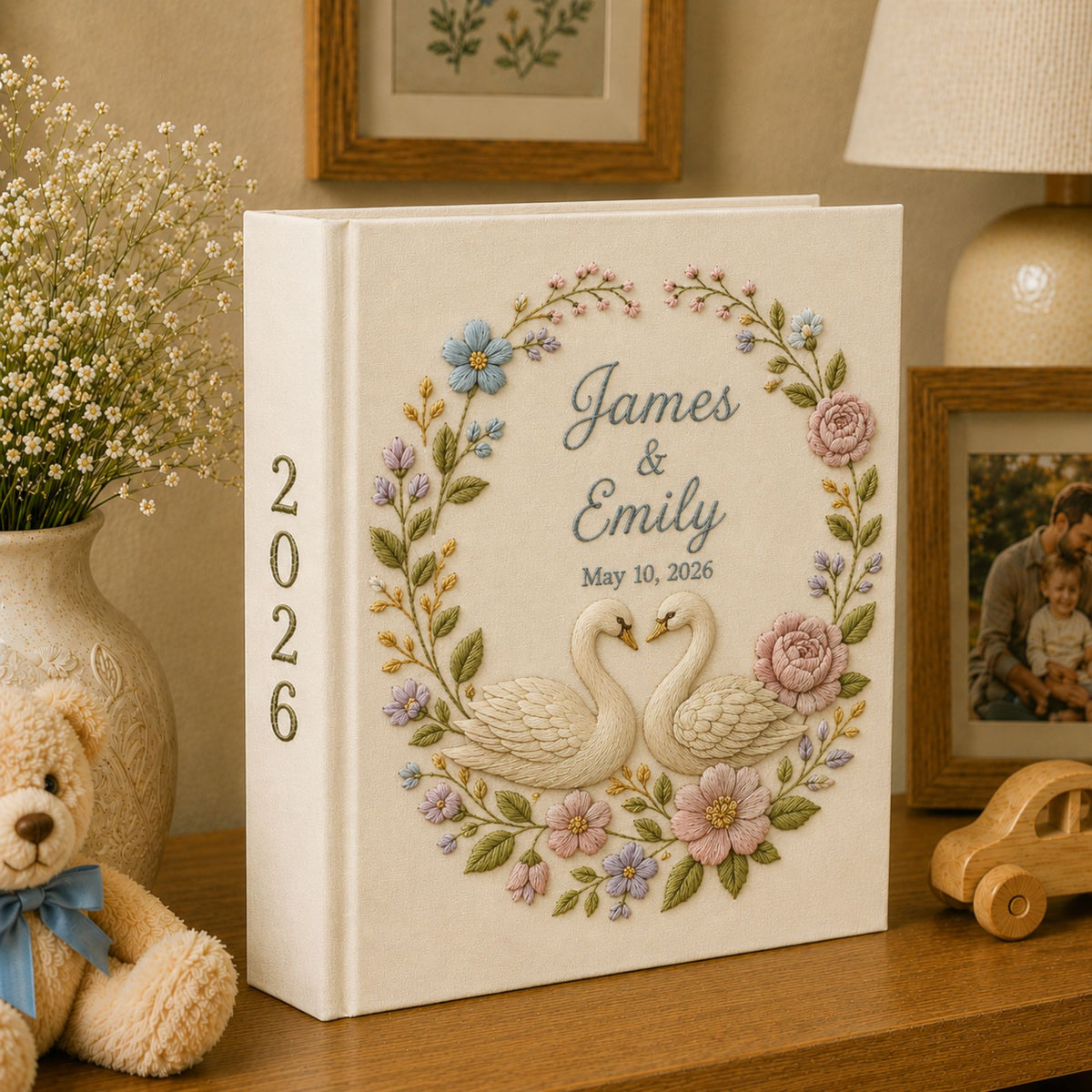 Custom Hand Embroidered Swan Floral Wedding Photo Album, Embroidered Rose Wedding Guest Book, Embroidered Swan Heart Memory Book