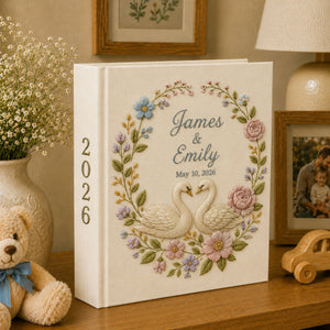 Custom Hand Embroidered Swan Floral Wedding Photo Album, Embroidered Rose Wedding Guest Book, Embroidered Swan Heart Memory Book