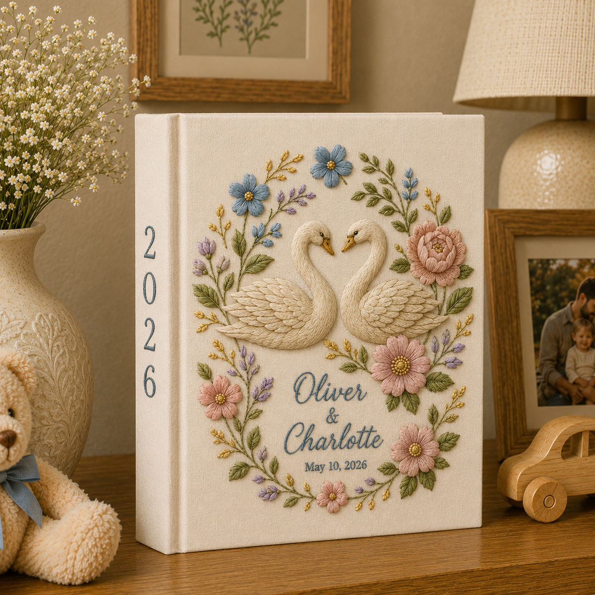 Custom Hand Embroidered Swan Floral Wedding Photo Album, Embroidered Rose Wedding Guest Book, Embroidered Swan Heart Memory Book