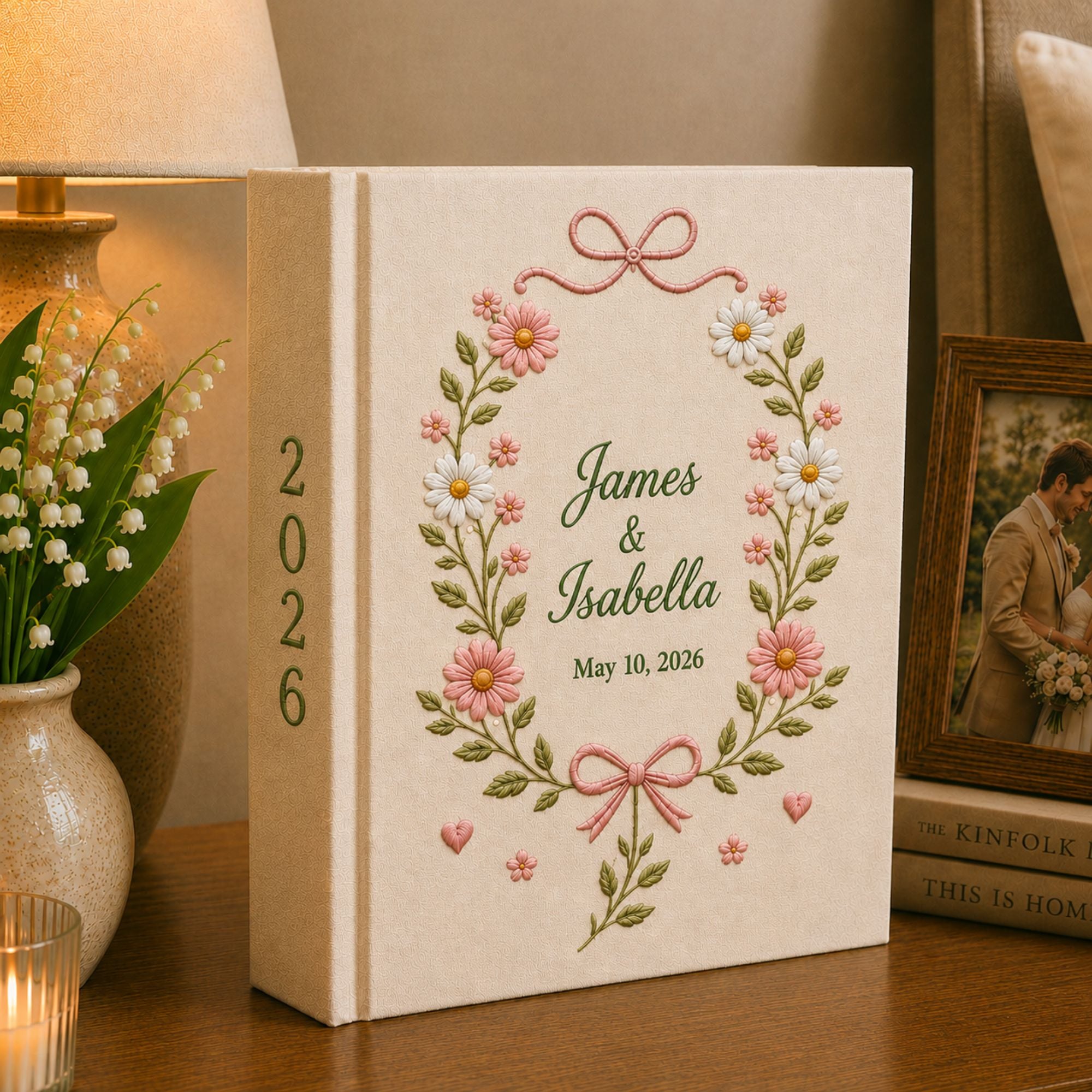 Personalized Floral Wedding Photo Album, Custom Name Lily of the Valley Wedding Book, Linen Wedding Book Anniversary Gift,Bridal Shower Gift