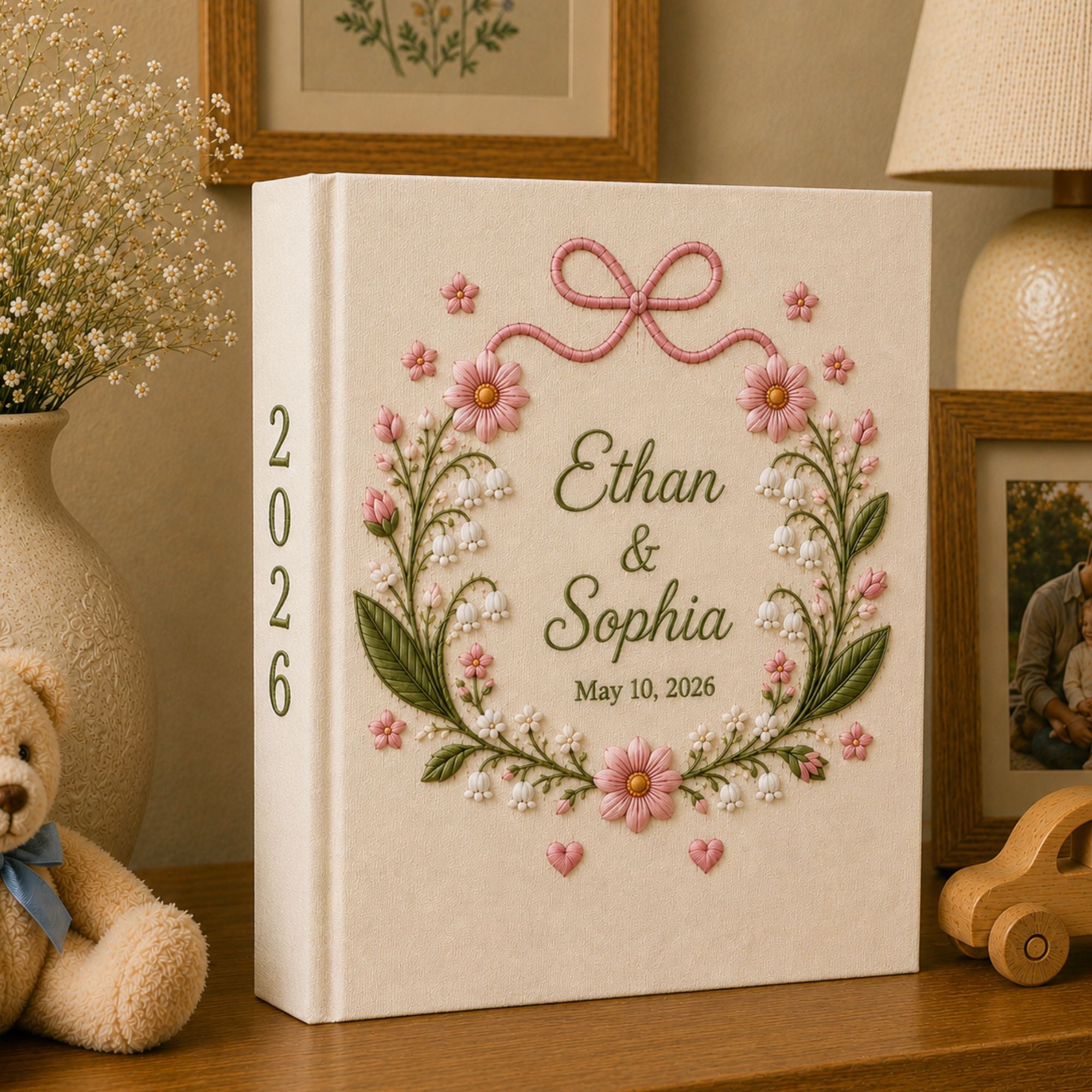Personalized Floral Wedding Photo Album, Custom Name Lily of the Valley Wedding Book, Linen Wedding Book Anniversary Gift,Bridal Shower Gift