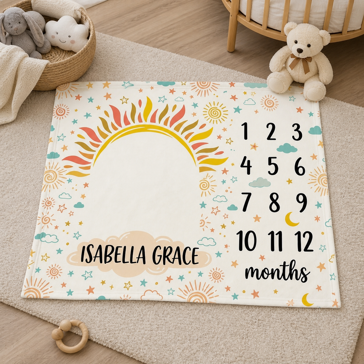 Sunshine Milestone Blanket, Personalized Baby Fleece Blanket, Custom Baby Name Keepsake Gift For Newborn
