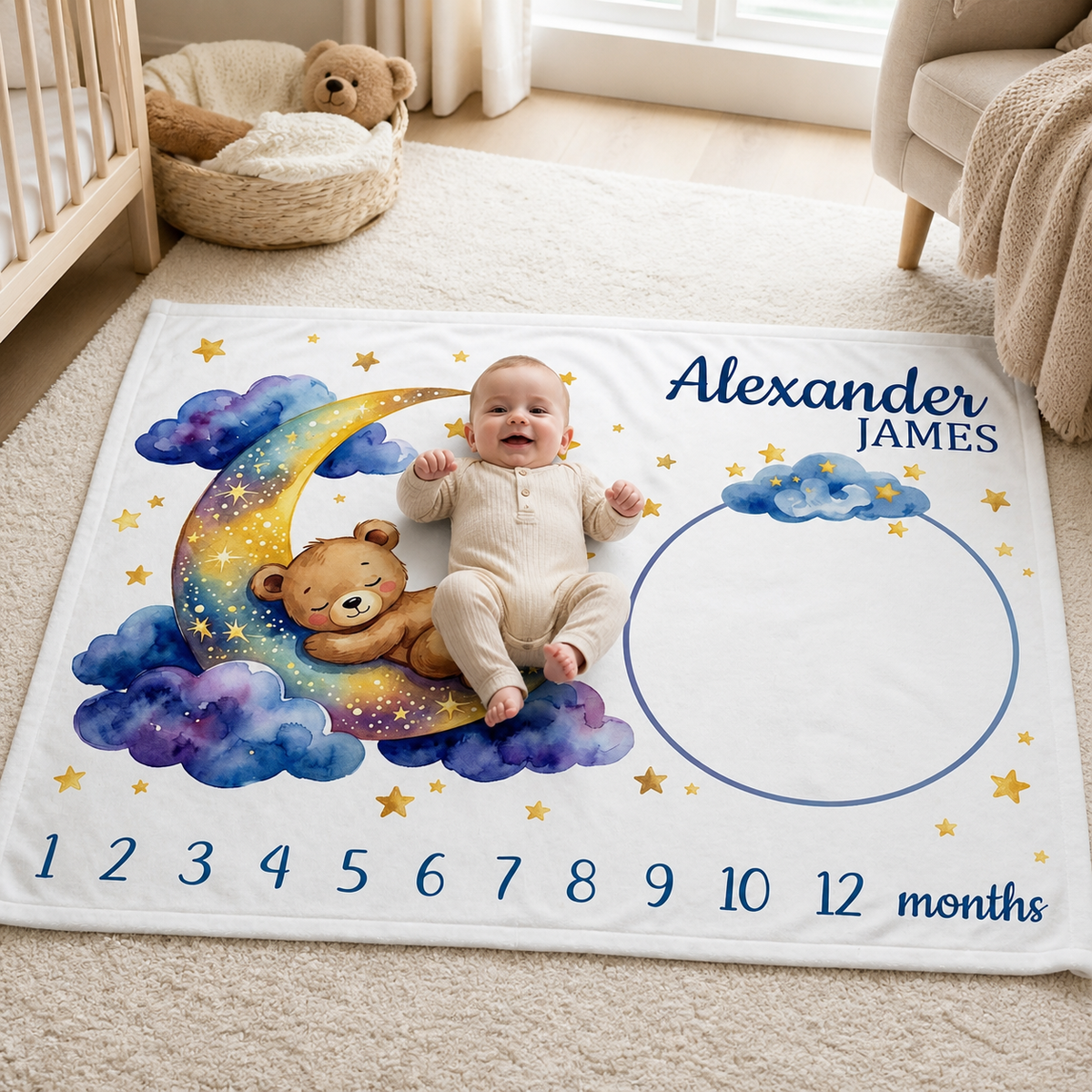 Personalized Baby Milestone Blanket, Custom Teddy Bear Sleeping on Moon Blanket, Watercolor Blue Clouds Nursery Photo Prop