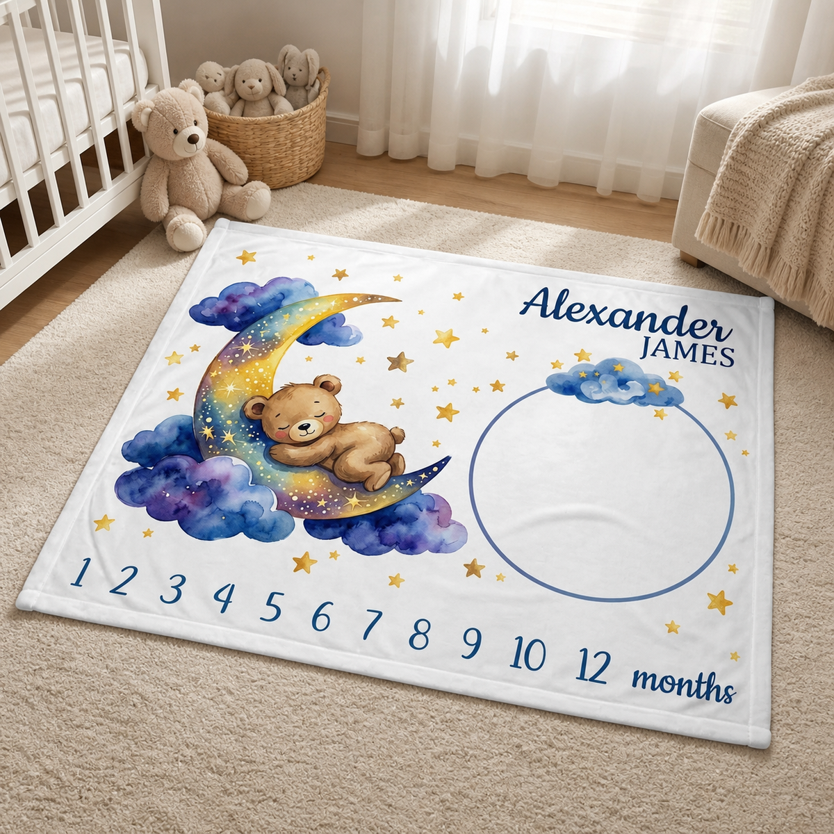 Personalized Baby Milestone Blanket, Custom Teddy Bear Sleeping on Moon Blanket, Watercolor Blue Clouds Nursery Photo Prop