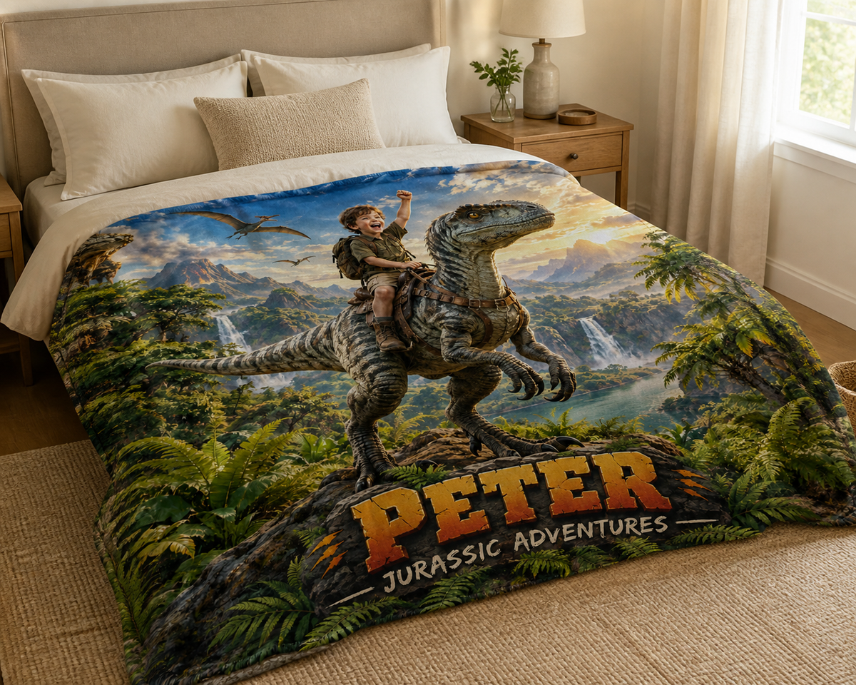 Personalized Jurassic Adventures Dinosaur Blanket, Custom Name Fleece Blanket