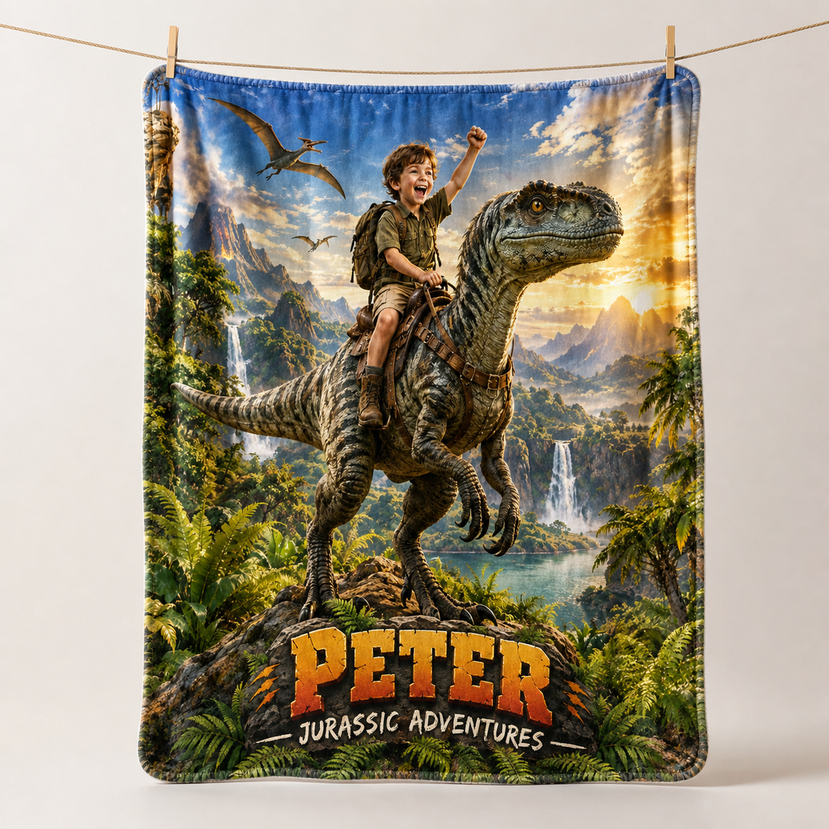 Personalized Jurassic Adventures Dinosaur Blanket, Custom Name Fleece Blanket