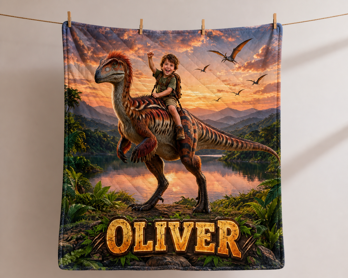 Personalized Dinosaur Blanket Custom Name Feathered Raptor Kids Gift