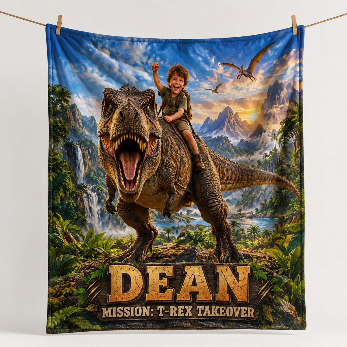 Personalized T Rex Blanket Custom Photo and Name Riding Roaring Dinosaur for Boys