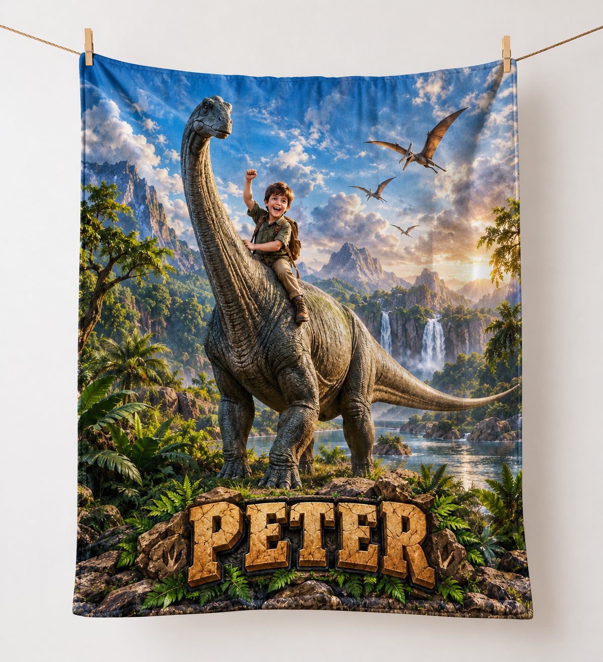 Personalized Dinosaur Blanket, Custom Name Brachiosaurus Waterfall Landscape, Boys Gift