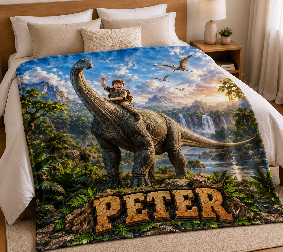 Personalized Dinosaur Blanket, Custom Name Brachiosaurus Waterfall Landscape, Boys Gift