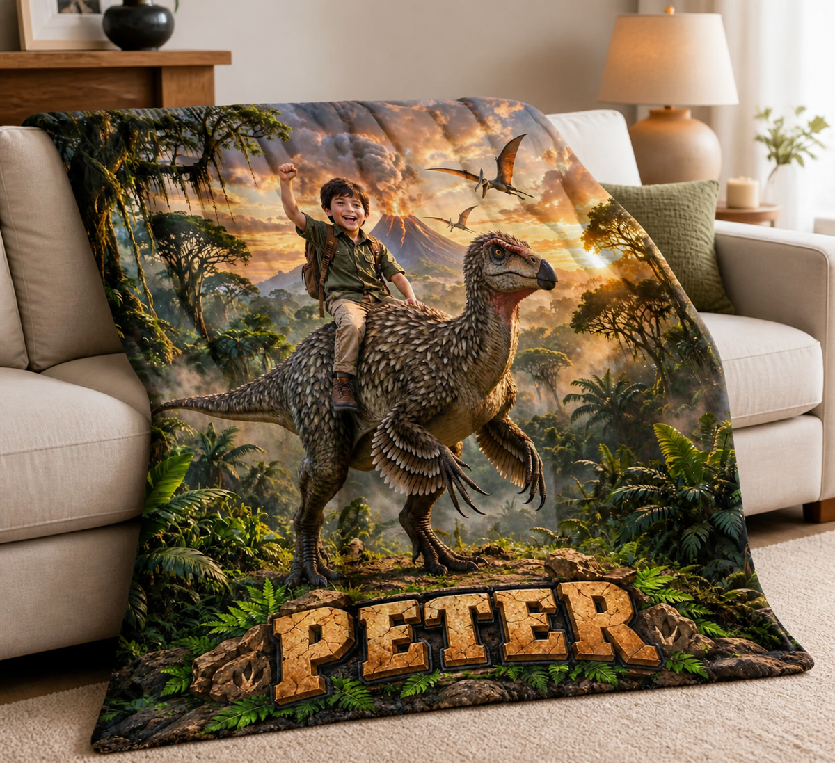 Personalized Dinosaur Blanket, Boys Custom Name Riding Feathered Raptor, Jungle Volcano, Kids Gift