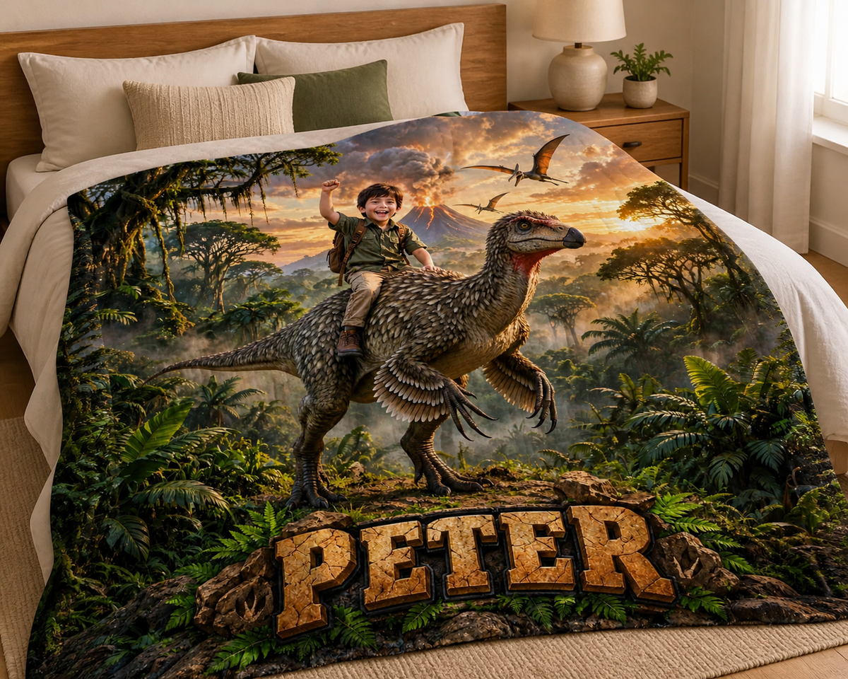 Personalized Dinosaur Blanket, Boys Custom Name Riding Feathered Raptor, Jungle Volcano, Kids Gift