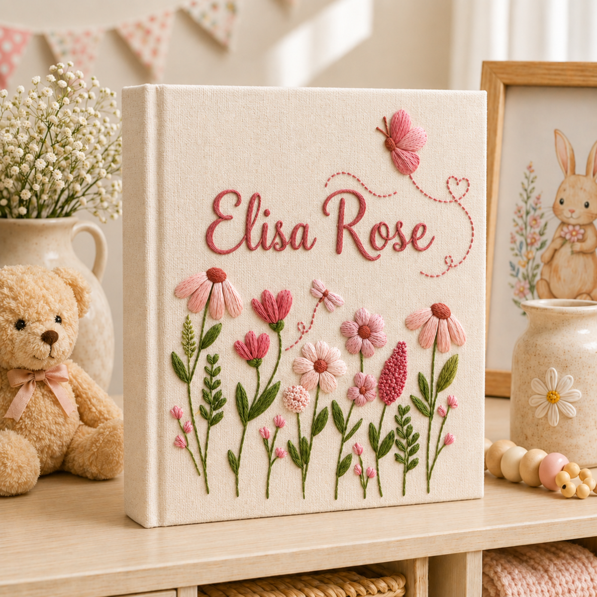 Hand Embroidered Baby Photo Album With Sleeves, Personalized Linen Memory Book, Minimal Floral Keepsake, Newborn Gift, Baby Shower Gift