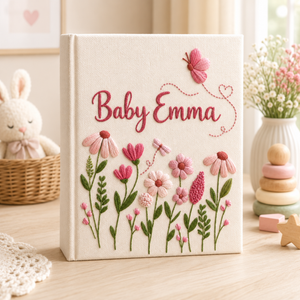 Hand Embroidered Baby Photo Album With Sleeves, Personalized Linen Memory Book, Minimal Floral Keepsake, Newborn Gift, Baby Shower Gift