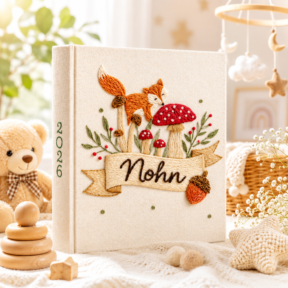 Custom Hand Embroidered Baby Photo Album With Sleeves, Linen Baby Memory Book, Fox Mushroom Woodland Baby Scrapbook Keepsake, Nursery Gift