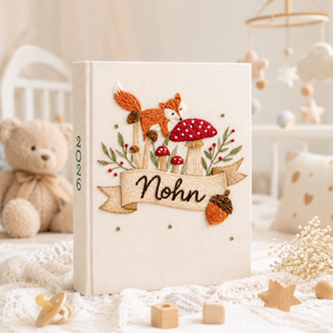 Custom Hand Embroidered Baby Photo Album With Sleeves, Linen Baby Memory Book, Fox Mushroom Woodland Baby Scrapbook Keepsake, Nursery Gift