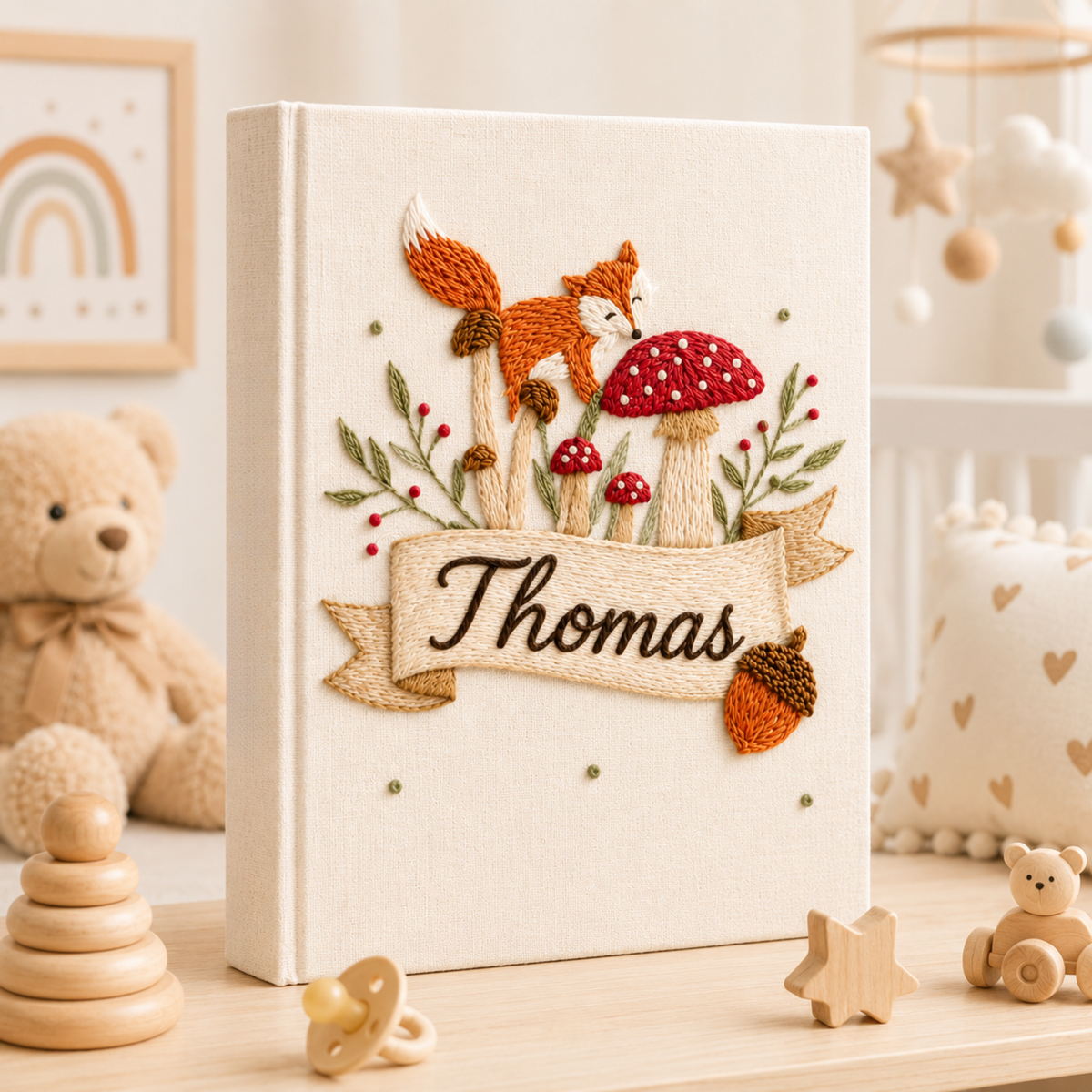 Custom Hand Embroidered Baby Photo Album With Sleeves, Linen Baby Memory Book, Fox Mushroom Woodland Baby Scrapbook Keepsake, Nursery Gift