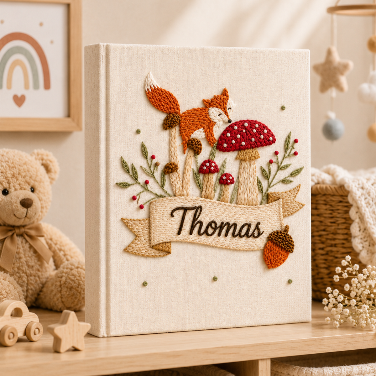 Custom Hand Embroidered Baby Photo Album With Sleeves, Linen Baby Memory Book, Fox Mushroom Woodland Baby Scrapbook Keepsake, Nursery Gift