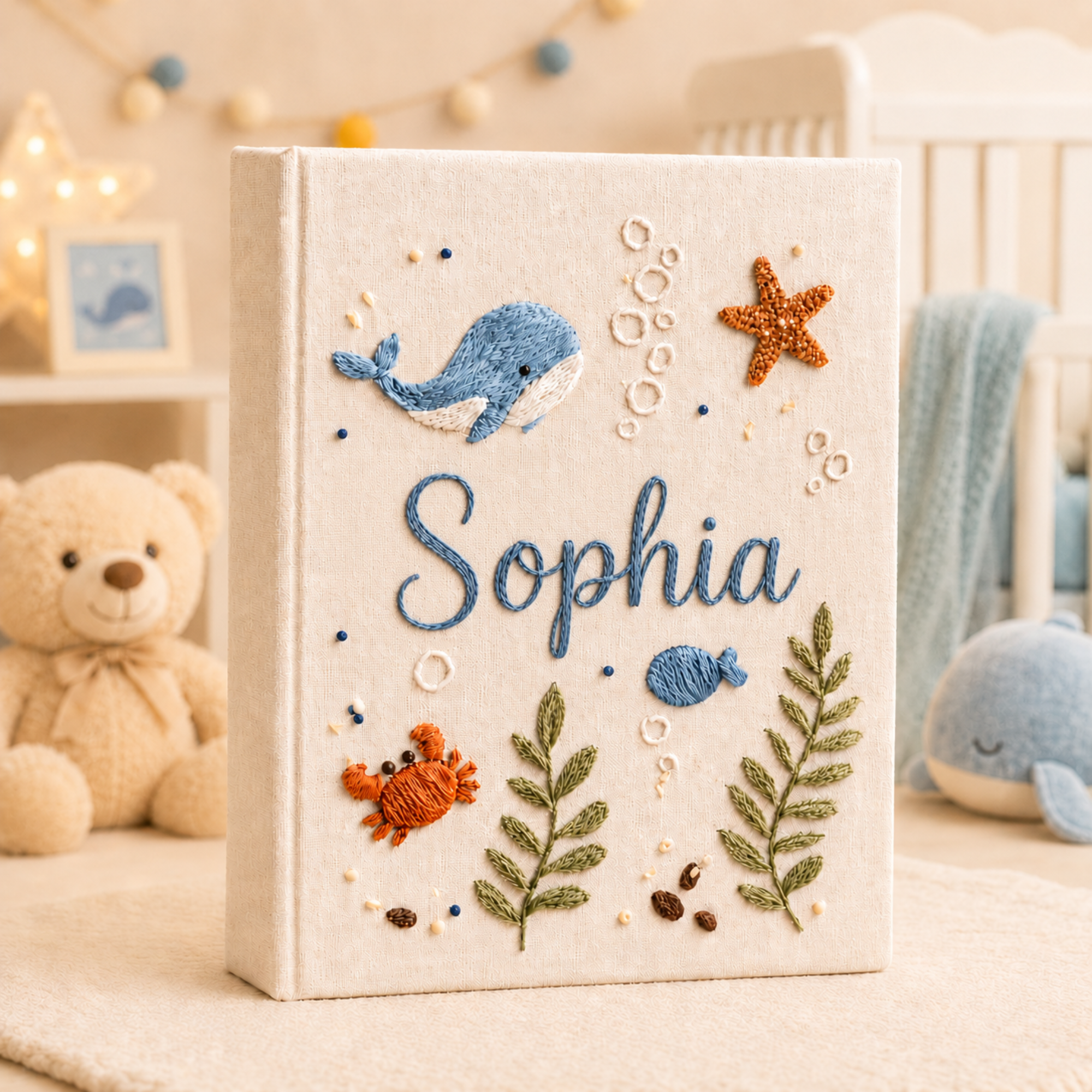 Custom Hand Embroidered Linen Baby Photo Album, Personalized Ocean Baby Memory Book, Whale Linen Keepsake Album, Newborn Keepsake Album