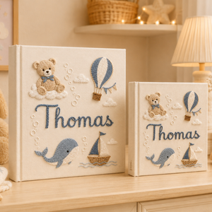 Hand Embroidered Teddy Bear Baby Photo Album, Teddy Bear Hot Air Balloon Whale Memory Book, Linen Keepsake Baby Book, Newborn Gift