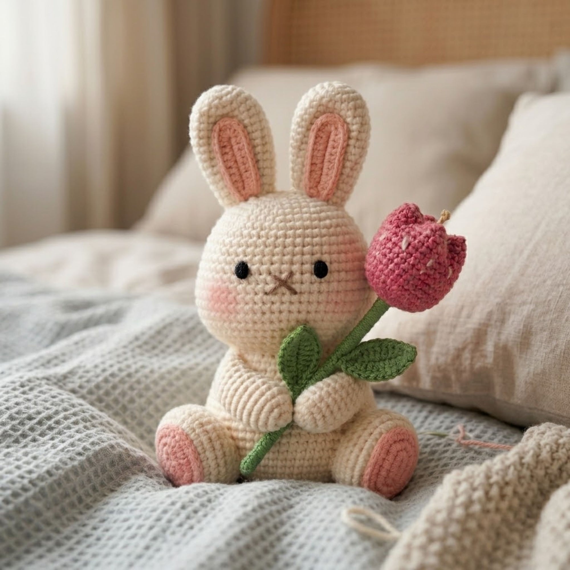 Handmade Crochet Bunny Plush with Flower, Cute Amigurumi Rabbit Toy, Soft Yarn Doll Gift for Kids & Home Decor, Pastel Bunny Stuffed Toy