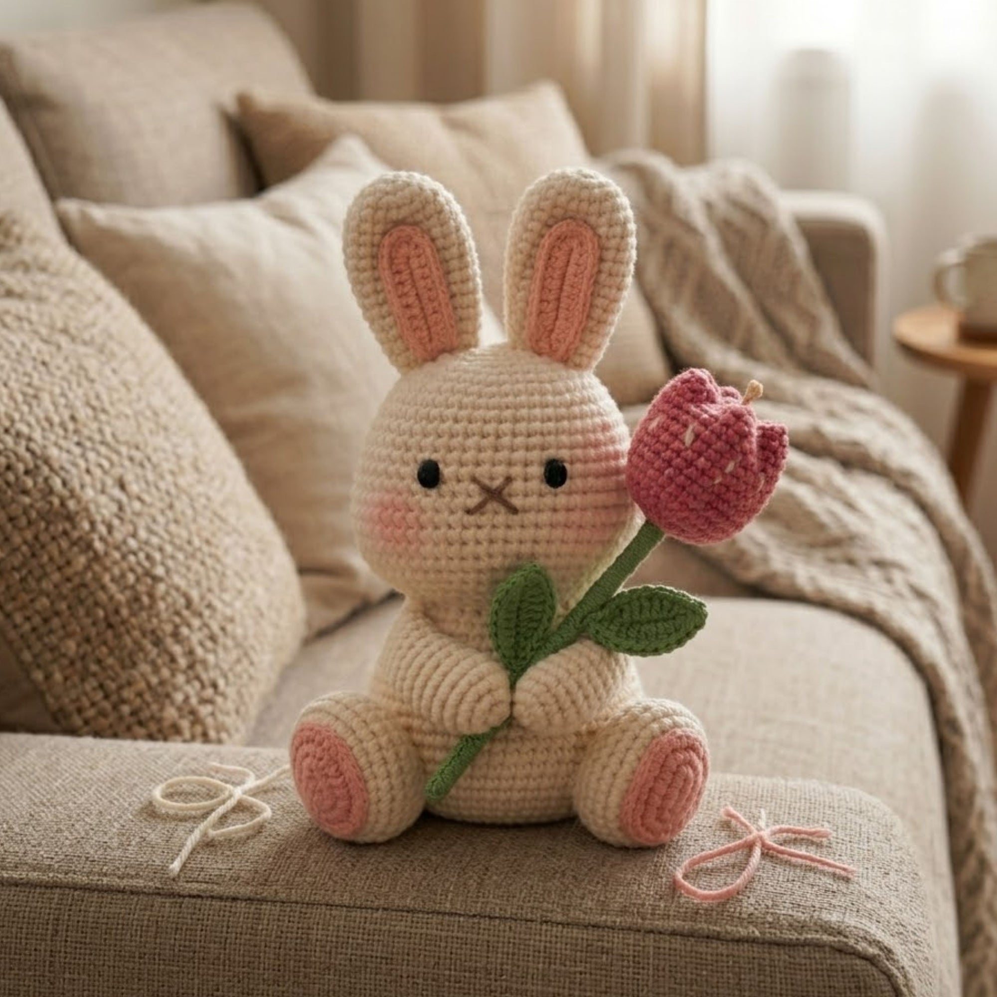 Handmade Crochet Bunny Plush with Flower, Cute Amigurumi Rabbit Toy, Soft Yarn Doll Gift for Kids & Home Decor, Pastel Bunny Stuffed Toy