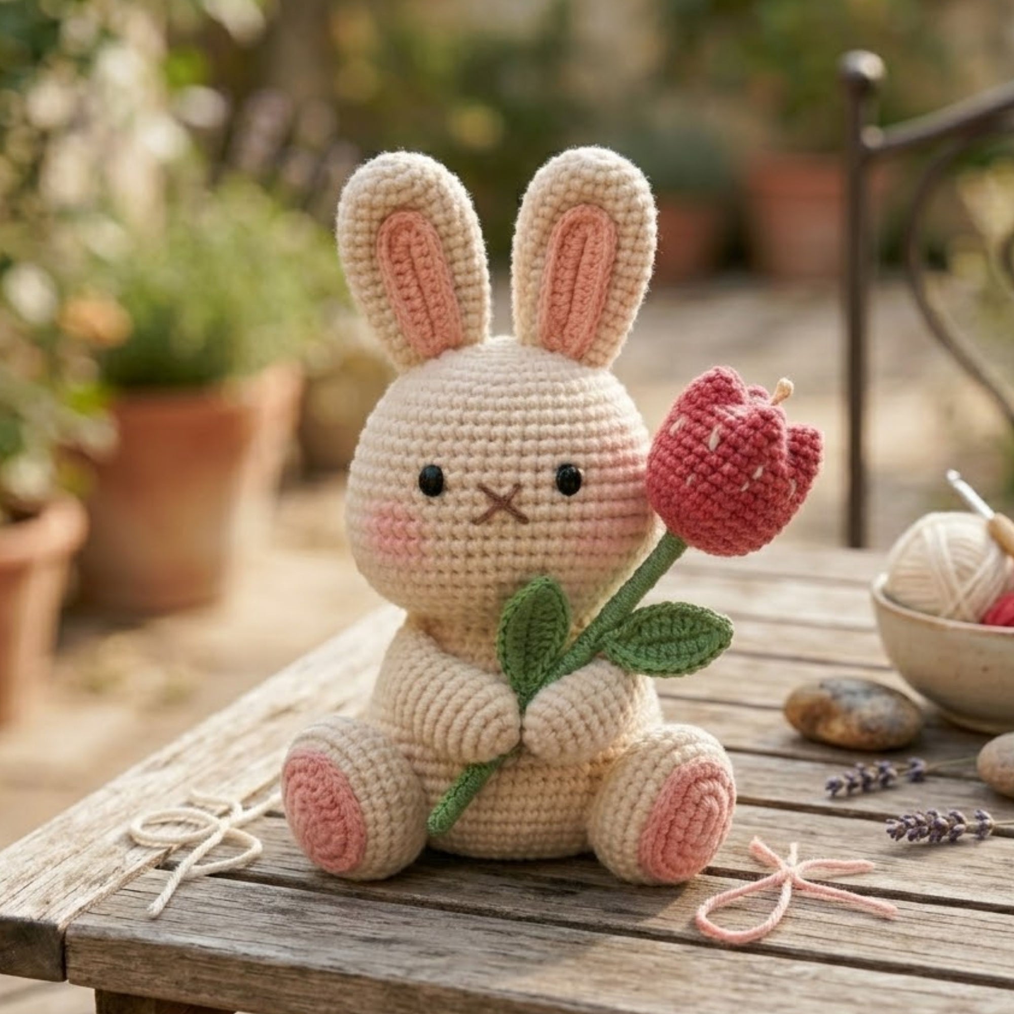 Handmade Crochet Bunny Plush with Flower, Cute Amigurumi Rabbit Toy, Soft Yarn Doll Gift for Kids & Home Decor, Pastel Bunny Stuffed Toy