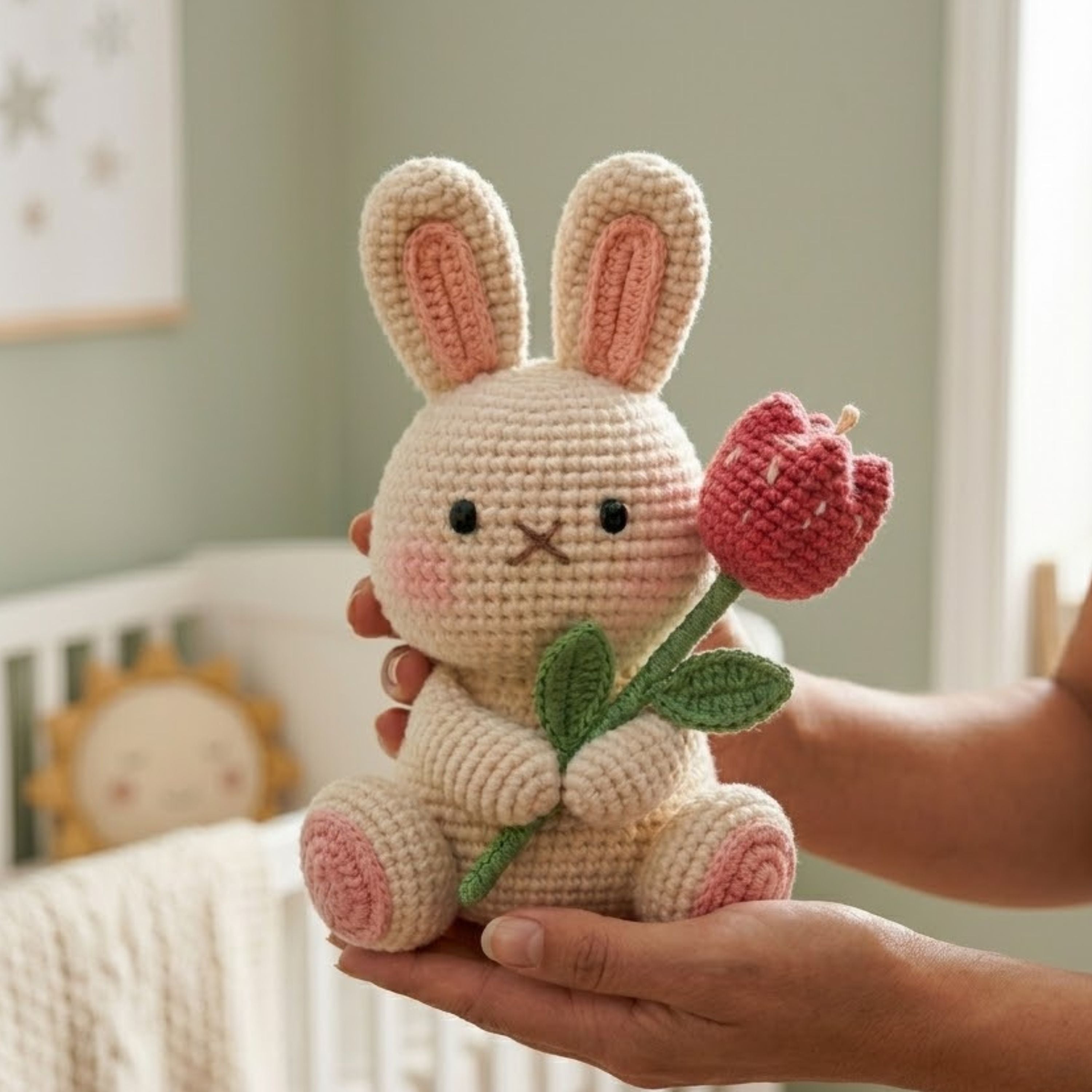 Handmade Crochet Bunny Plush with Flower, Cute Amigurumi Rabbit Toy, Soft Yarn Doll Gift for Kids & Home Decor, Pastel Bunny Stuffed Toy