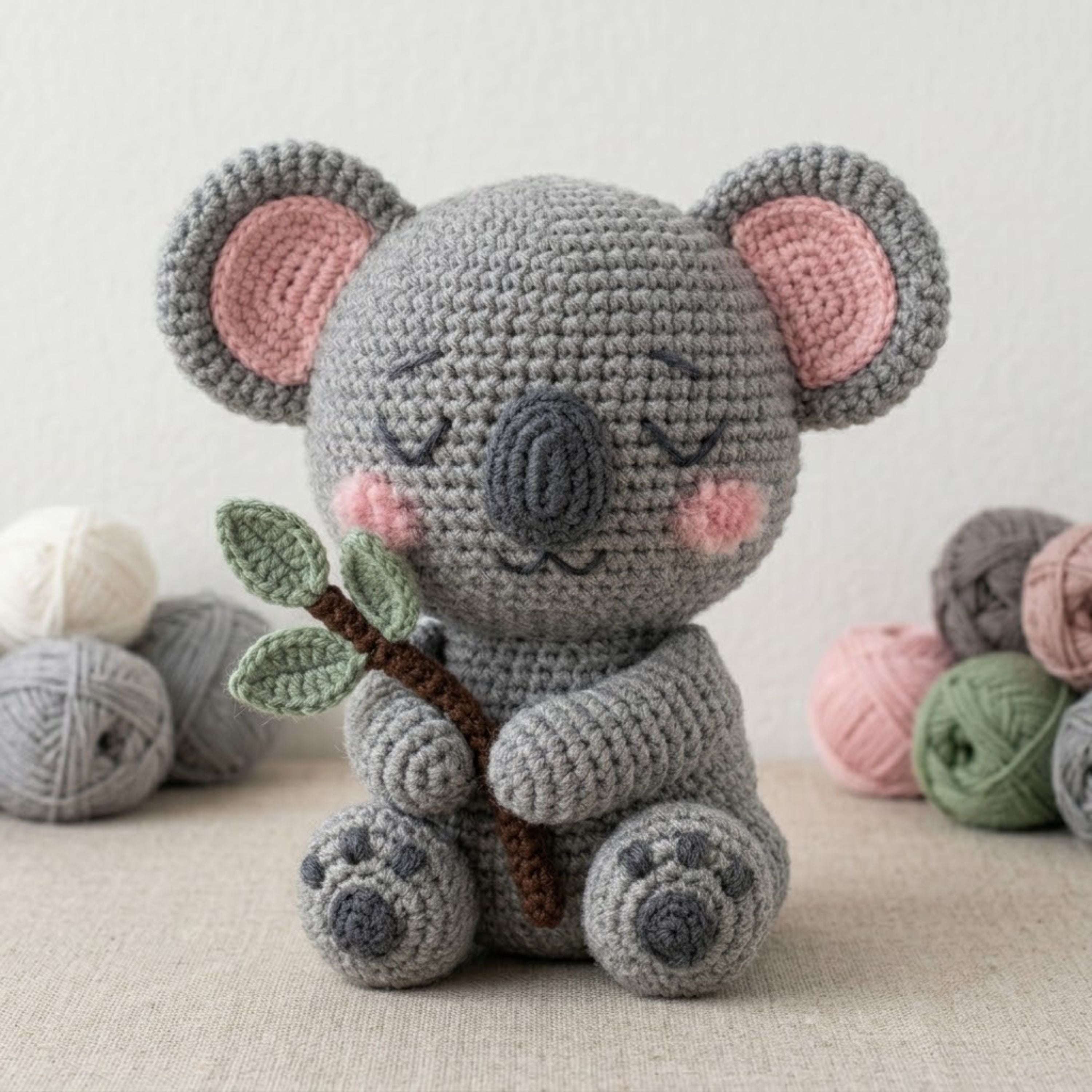 Handmade Crochet Koala Plush with Eucalyptus Branch, Cute Amigurumi Koala Toy, Soft Yarn Animal Doll Gift for Kids Nursery Decor
