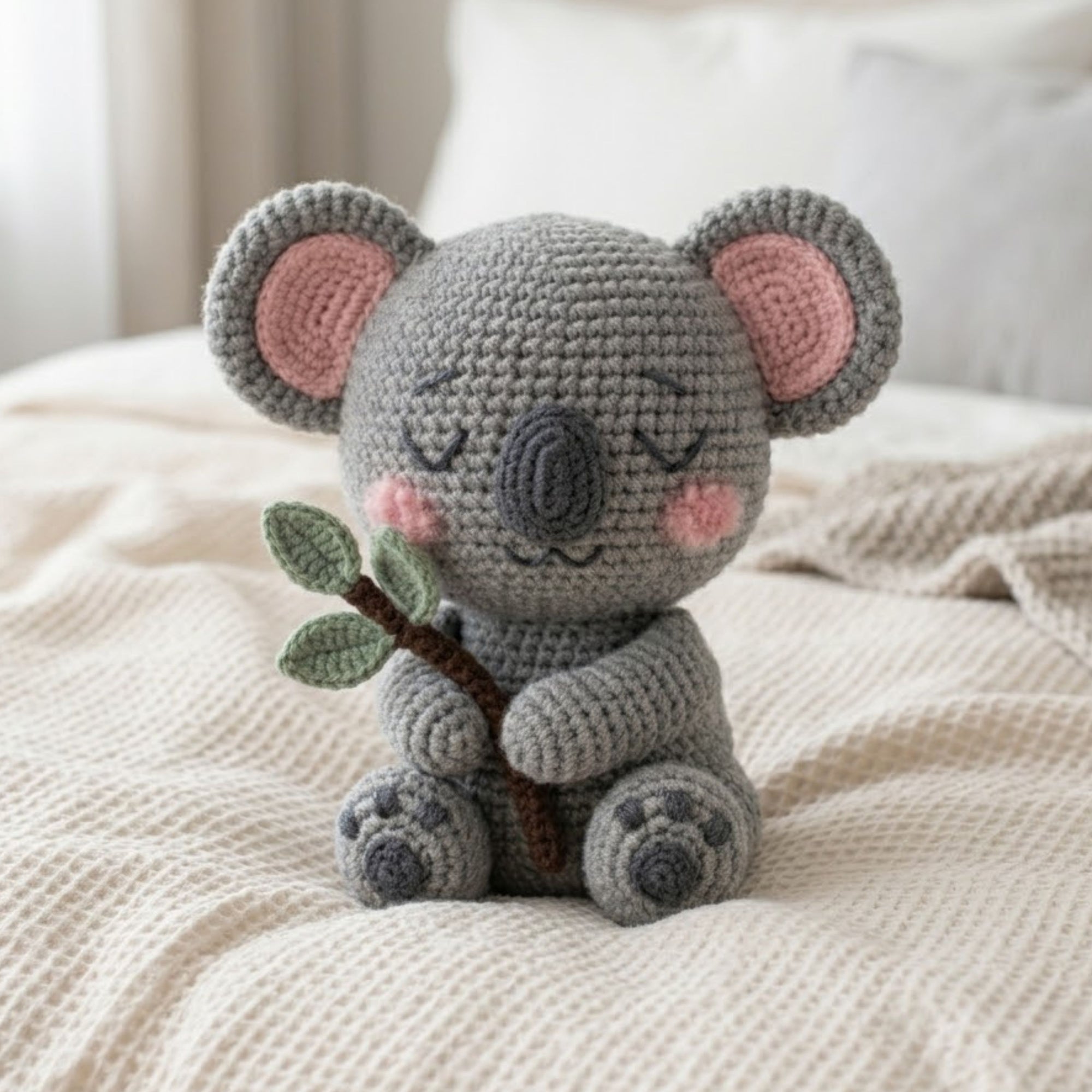 Handmade Crochet Koala Plush with Eucalyptus Branch, Cute Amigurumi Koala Toy, Soft Yarn Animal Doll Gift for Kids Nursery Decor