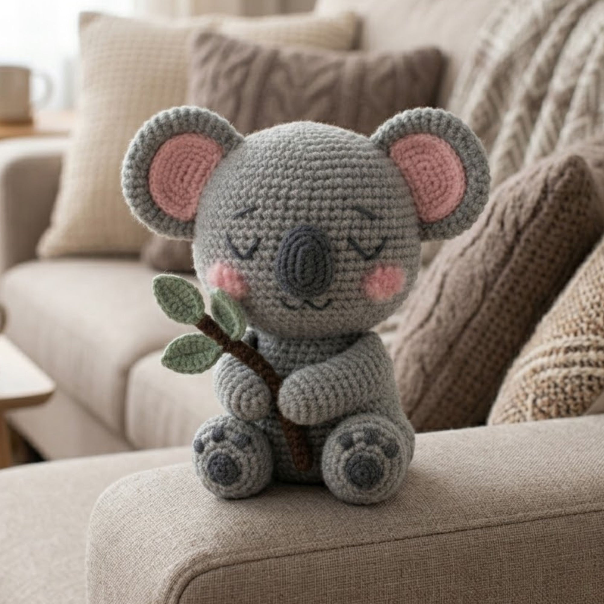 Handmade Crochet Koala Plush with Eucalyptus Branch, Cute Amigurumi Koala Toy, Soft Yarn Animal Doll Gift for Kids Nursery Decor
