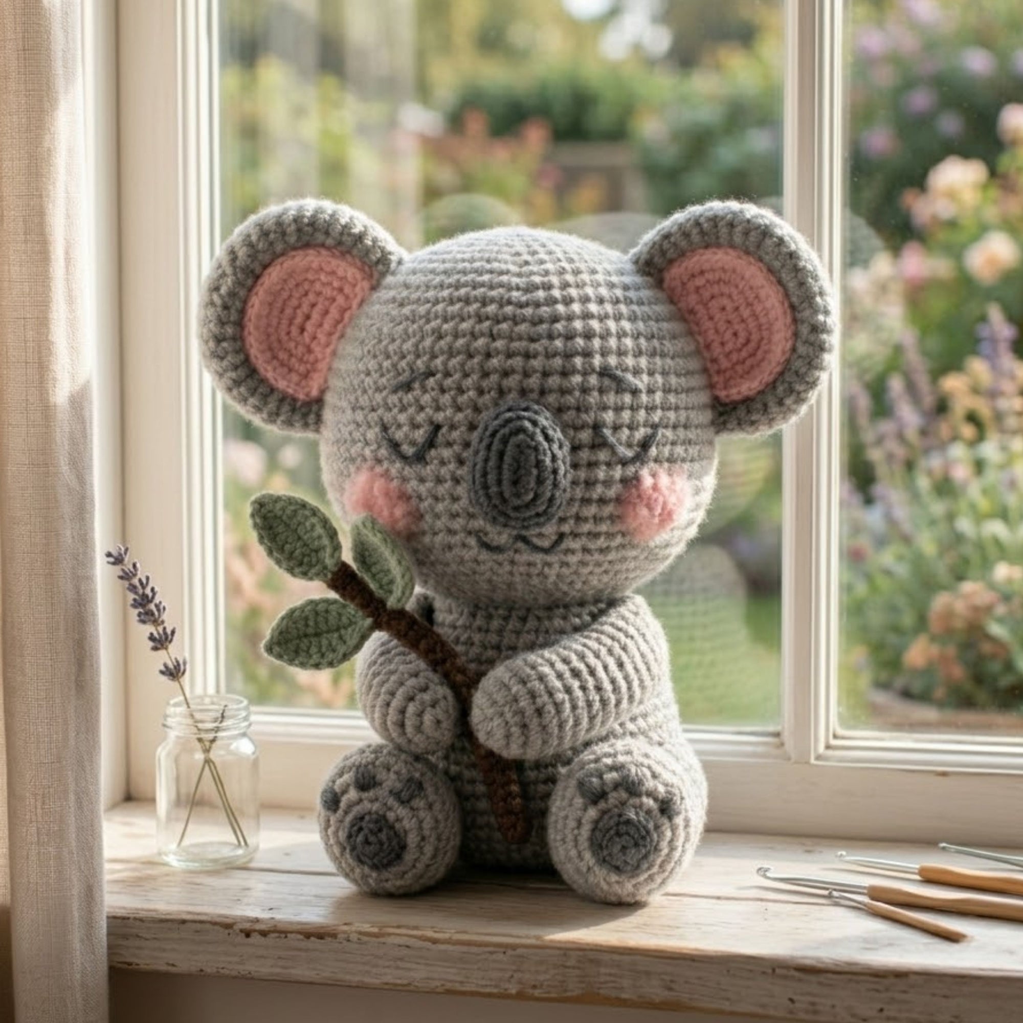 Handmade Crochet Koala Plush with Eucalyptus Branch, Cute Amigurumi Koala Toy, Soft Yarn Animal Doll Gift for Kids Nursery Decor