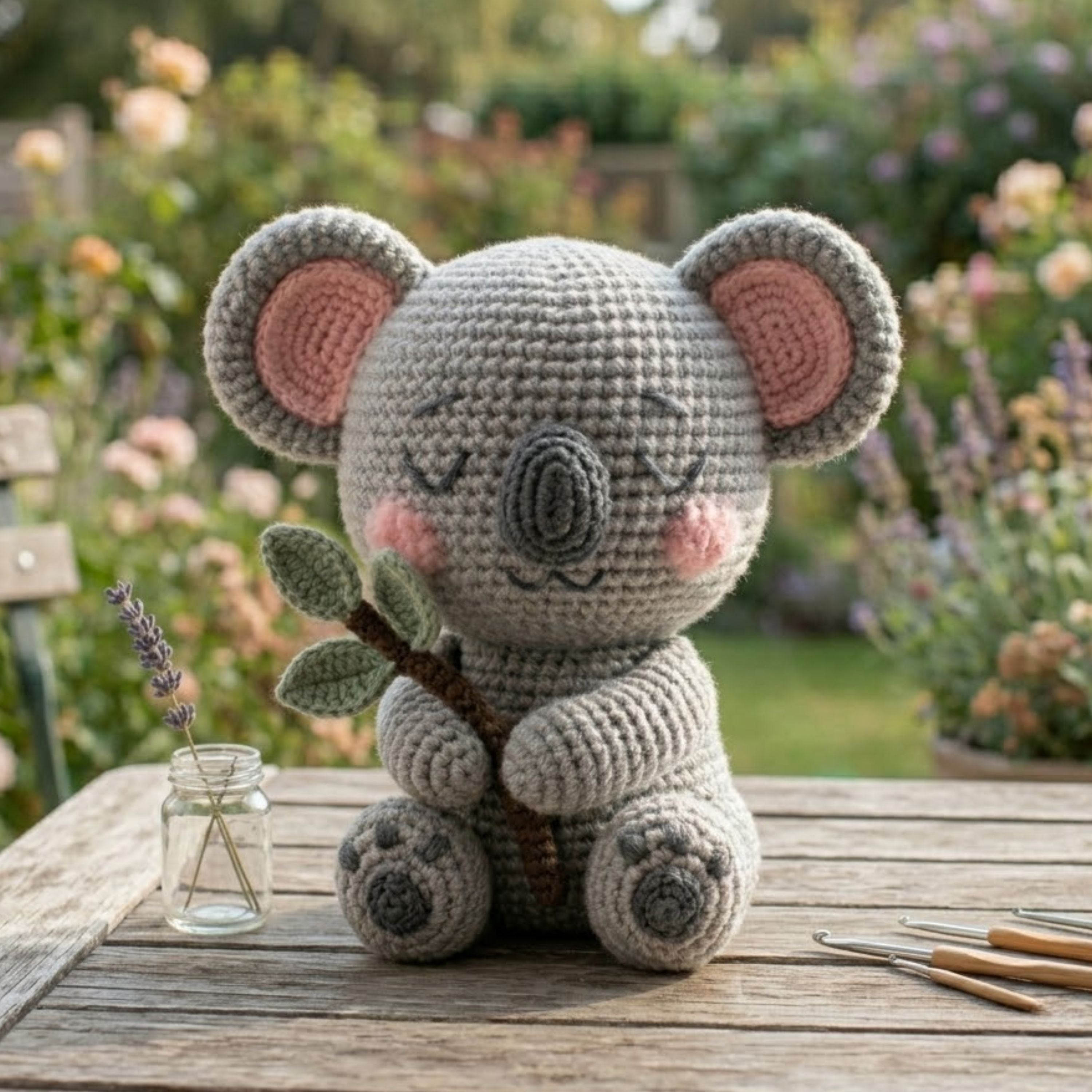 Handmade Crochet Koala Plush with Eucalyptus Branch, Cute Amigurumi Koala Toy, Soft Yarn Animal Doll Gift for Kids Nursery Decor