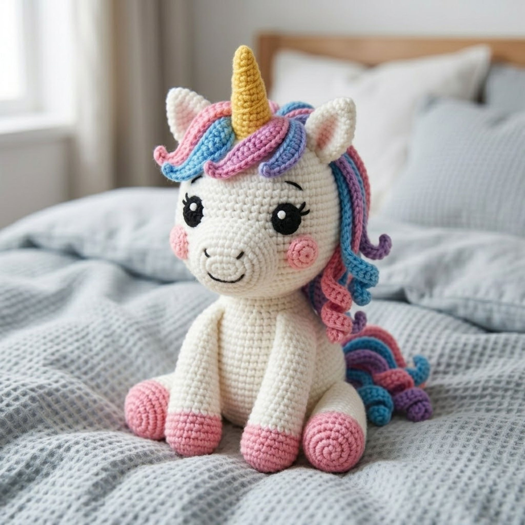 Handmade Crochet Unicorn Plush, Cute Amigurumi Unicorn Doll, Rainbow Yarn Horse Toy, Soft Stuffed Animal Gift for Kids Nursery Decor