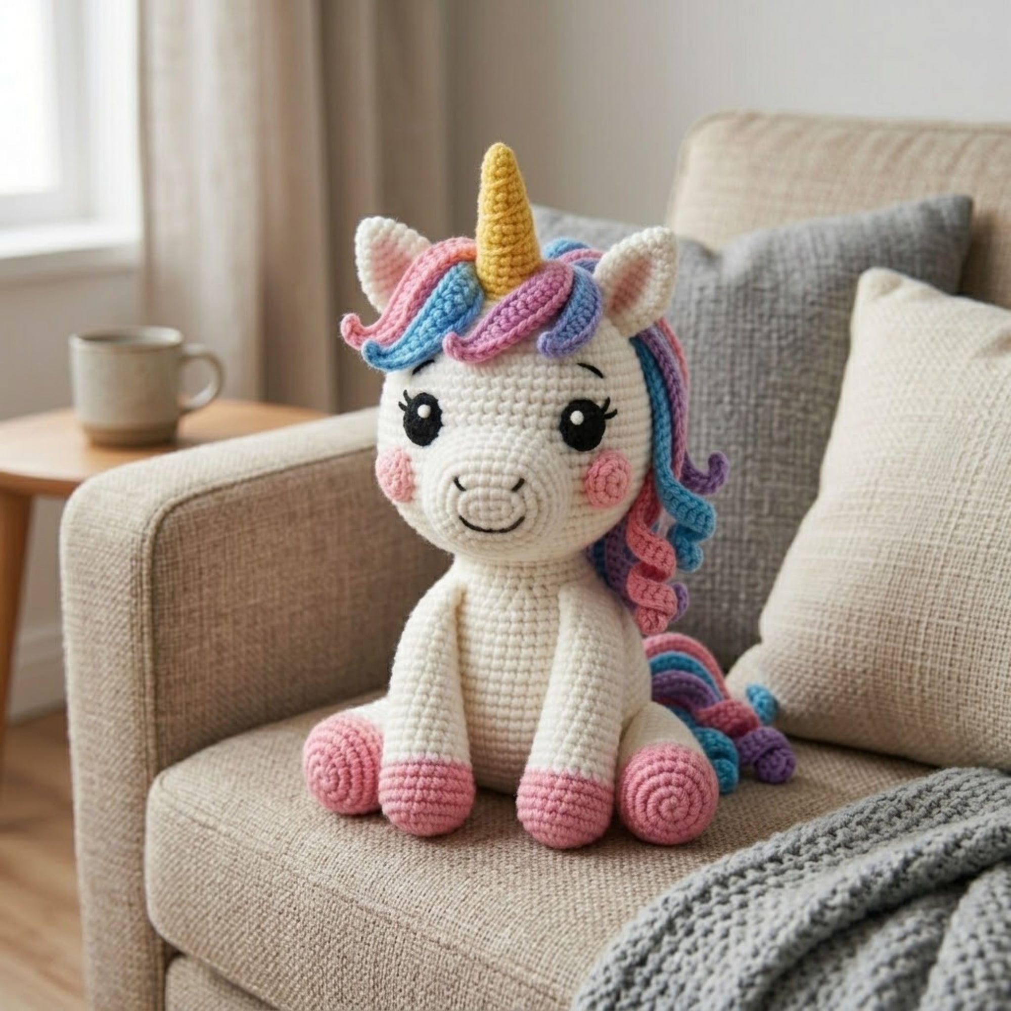 Handmade Crochet Unicorn Plush, Cute Amigurumi Unicorn Doll, Rainbow Yarn Horse Toy, Soft Stuffed Animal Gift for Kids Nursery Decor