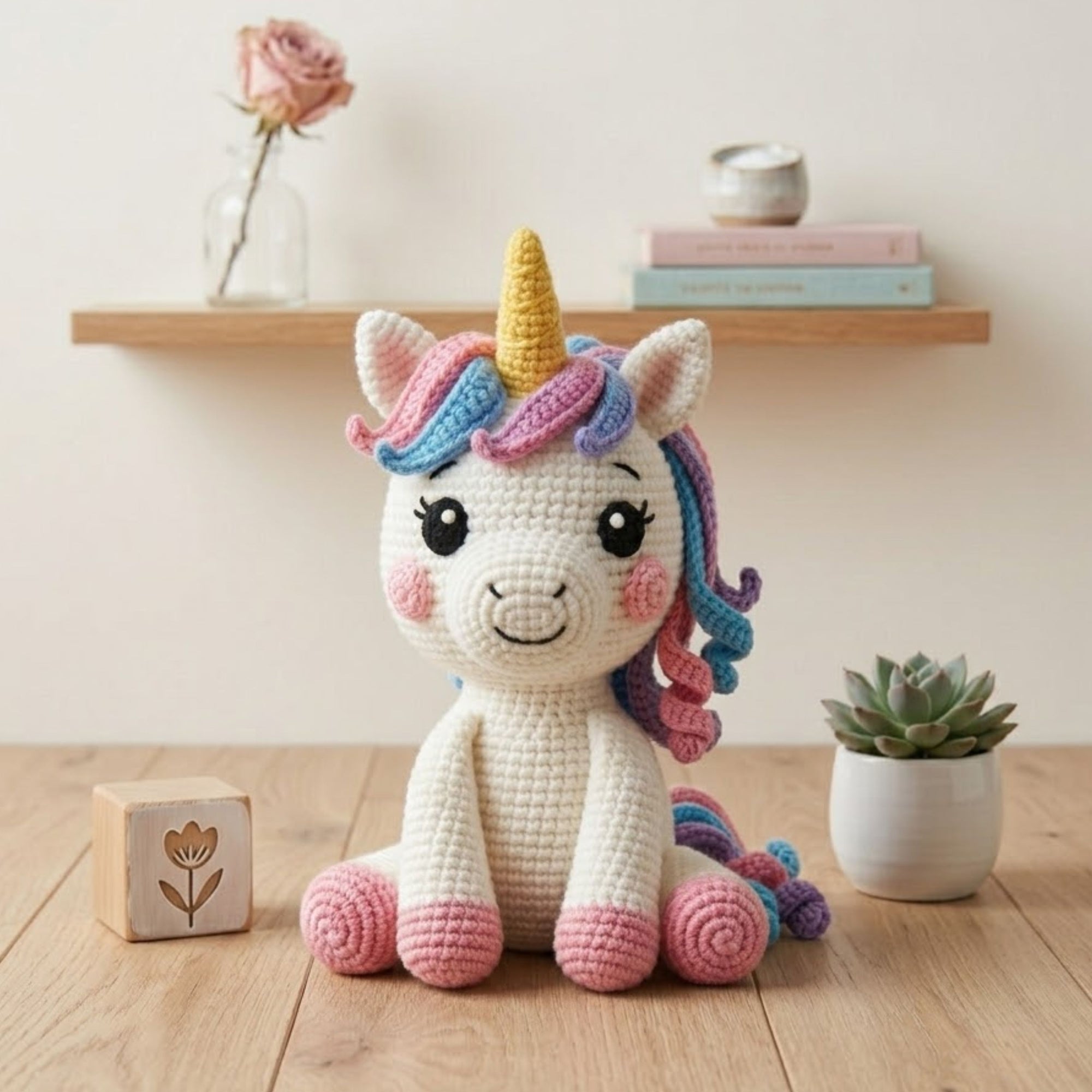 Handmade Crochet Unicorn Plush, Cute Amigurumi Unicorn Doll, Rainbow Yarn Horse Toy, Soft Stuffed Animal Gift for Kids Nursery Decor