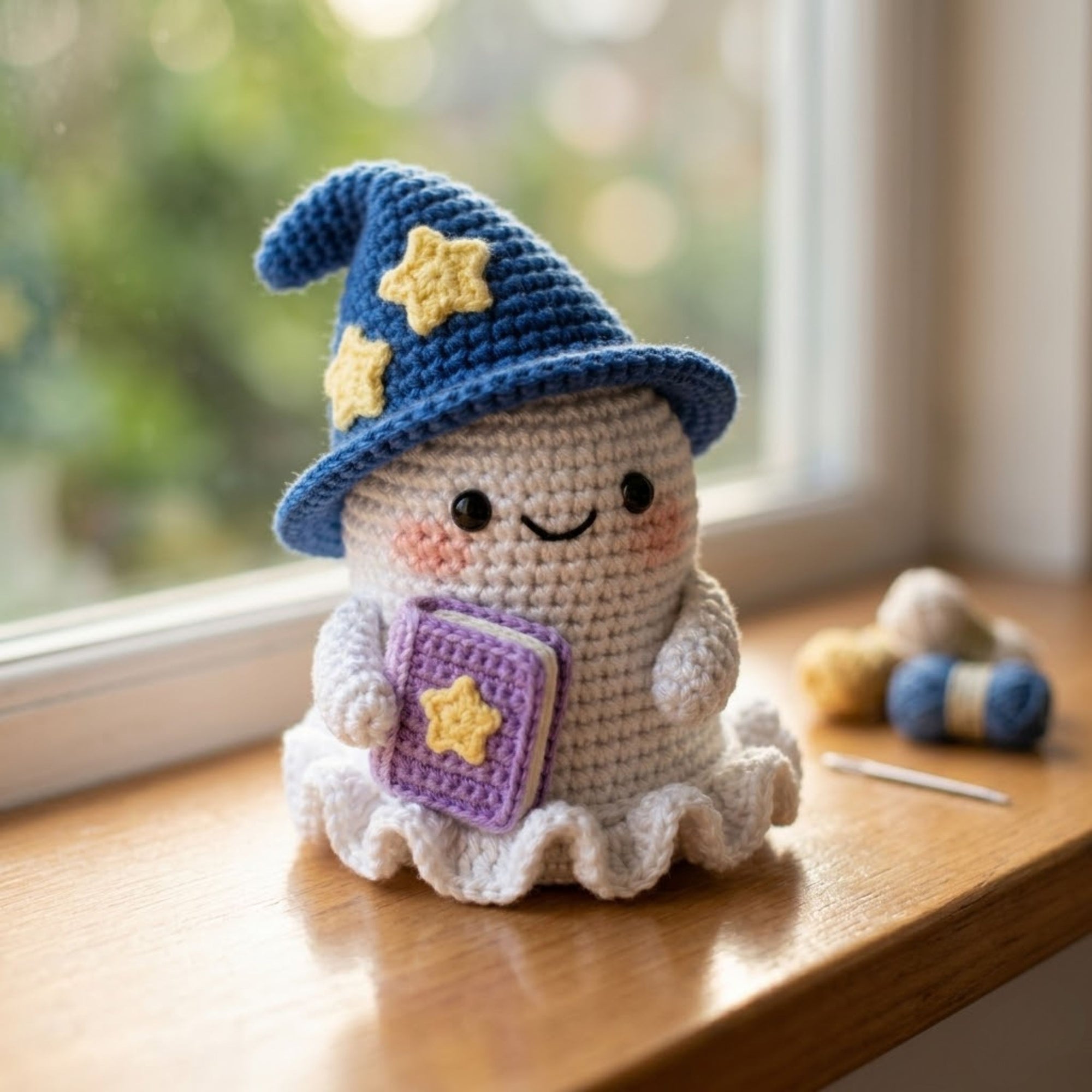 Handmade Crochet Wizard Ghost Plush, Cute Amigurumi Ghost Doll, Halloween Witch Hat Toy, Soft Yarn Boo Gift for Kids Halloween Decor