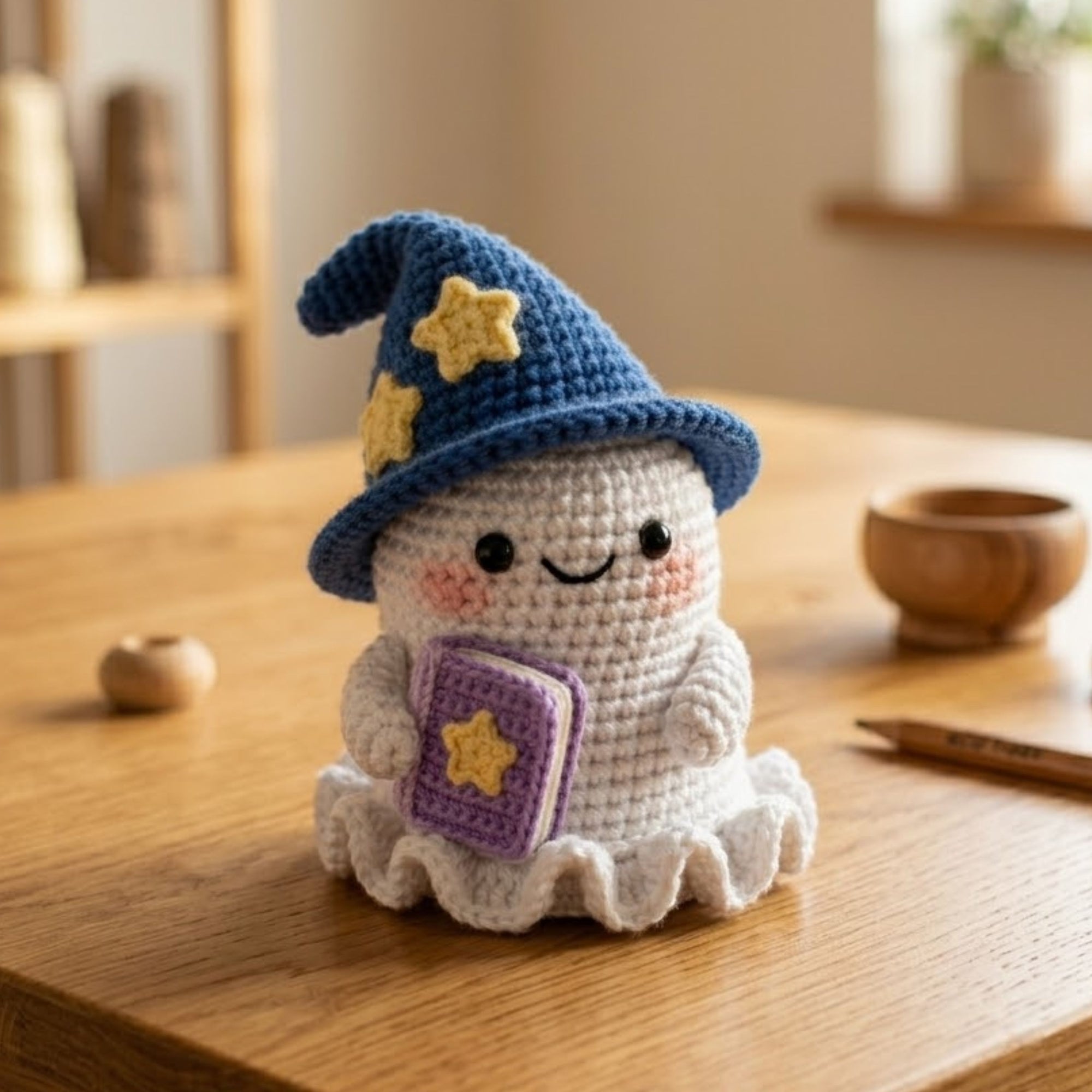 Handmade Crochet Wizard Ghost Plush, Cute Amigurumi Ghost Doll, Halloween Witch Hat Toy, Soft Yarn Boo Gift for Kids Halloween Decor