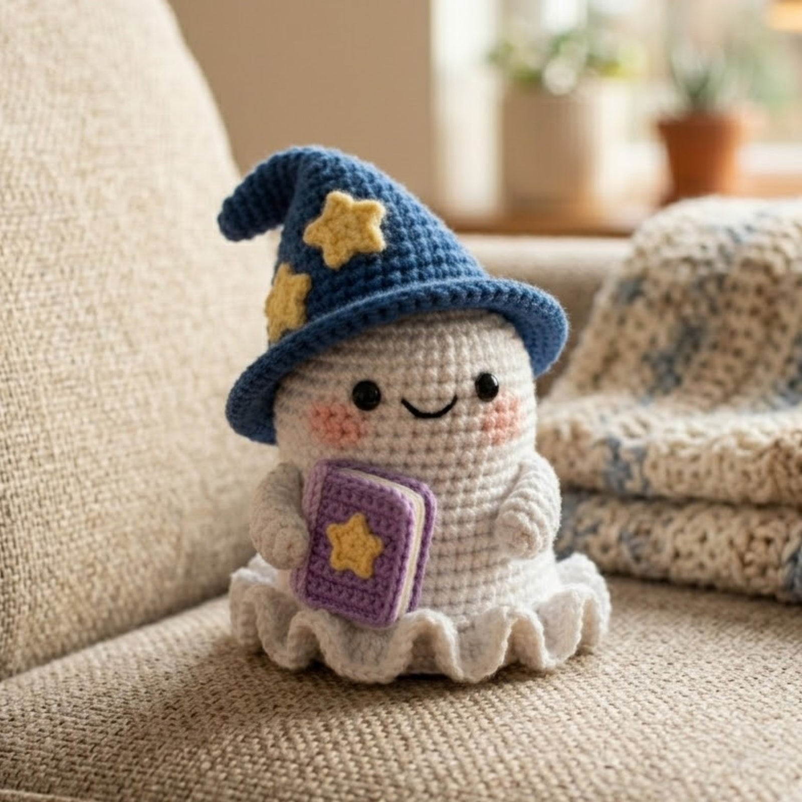 Handmade Crochet Wizard Ghost Plush, Cute Amigurumi Ghost Doll, Halloween Witch Hat Toy, Soft Yarn Boo Gift for Kids Halloween Decor