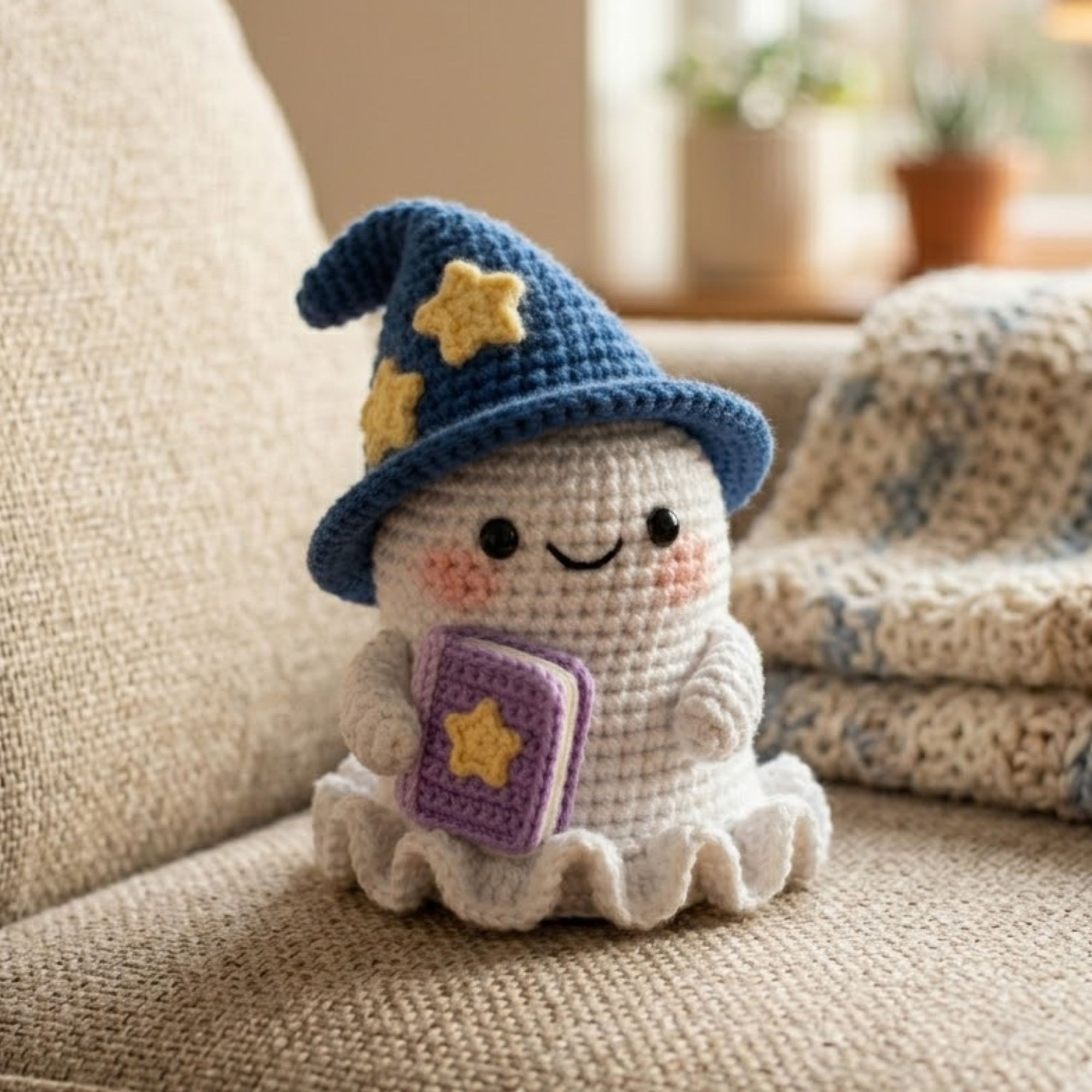 Handmade Crochet Wizard Ghost Plush, Cute Amigurumi Ghost Doll, Halloween Witch Hat Toy, Soft Yarn Boo Gift for Kids Halloween Decor