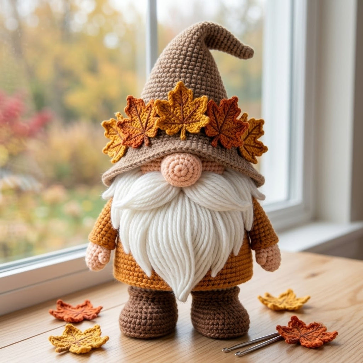 Handmade Crochet Autumn Gnome Plush, Cute Amigurumi Gnome Doll, Fall Leaf Hat Decor, Soft Yarn Elf Gift for Kids Home Decor