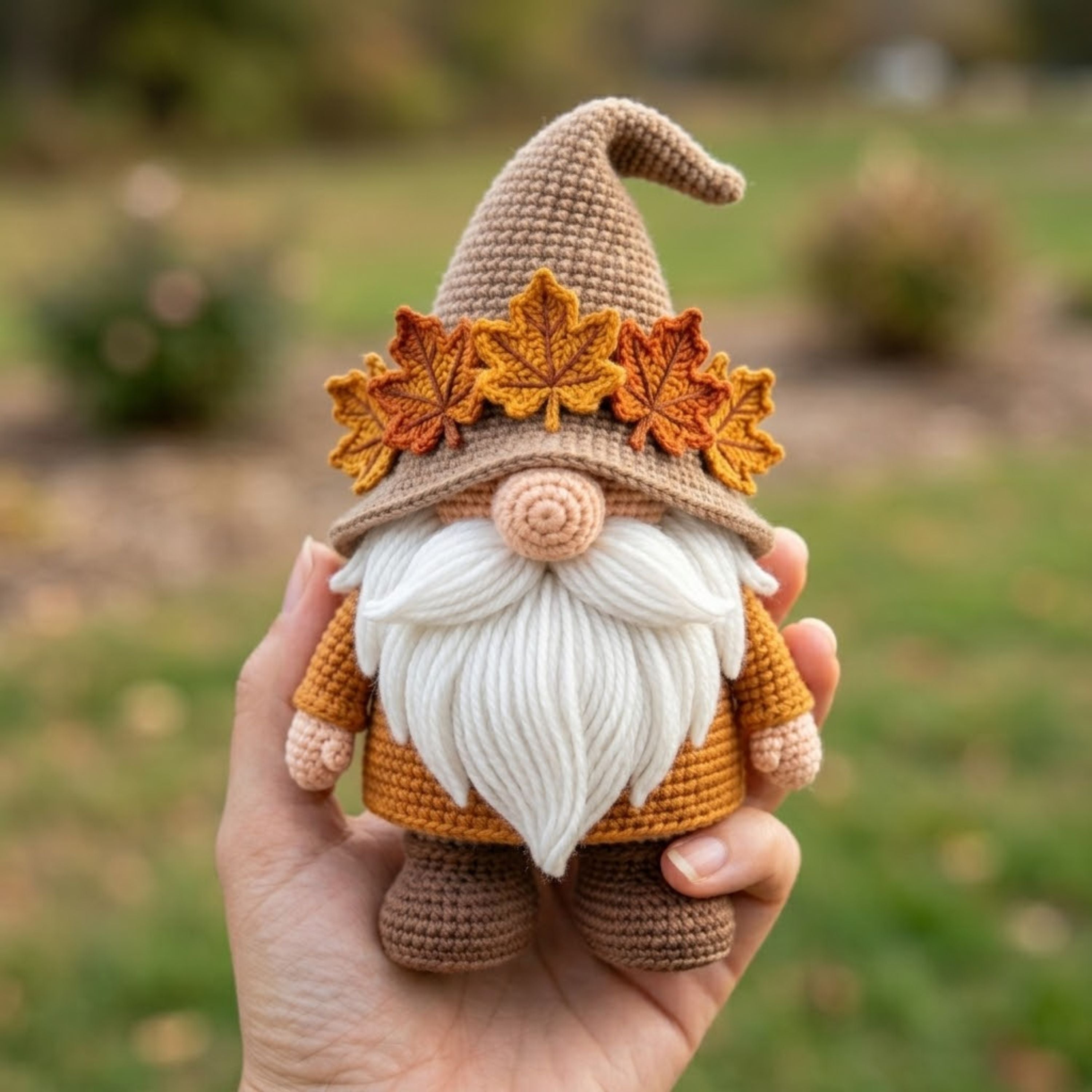 Handmade Crochet Autumn Gnome Plush, Cute Amigurumi Gnome Doll, Fall Leaf Hat Decor, Soft Yarn Elf Gift for Kids Home Decor