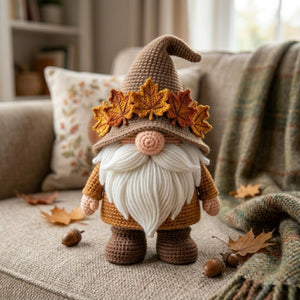 Handmade Crochet Autumn Gnome Plush, Cute Amigurumi Gnome Doll, Fall Leaf Hat Decor, Soft Yarn Elf Gift for Kids Home Decor