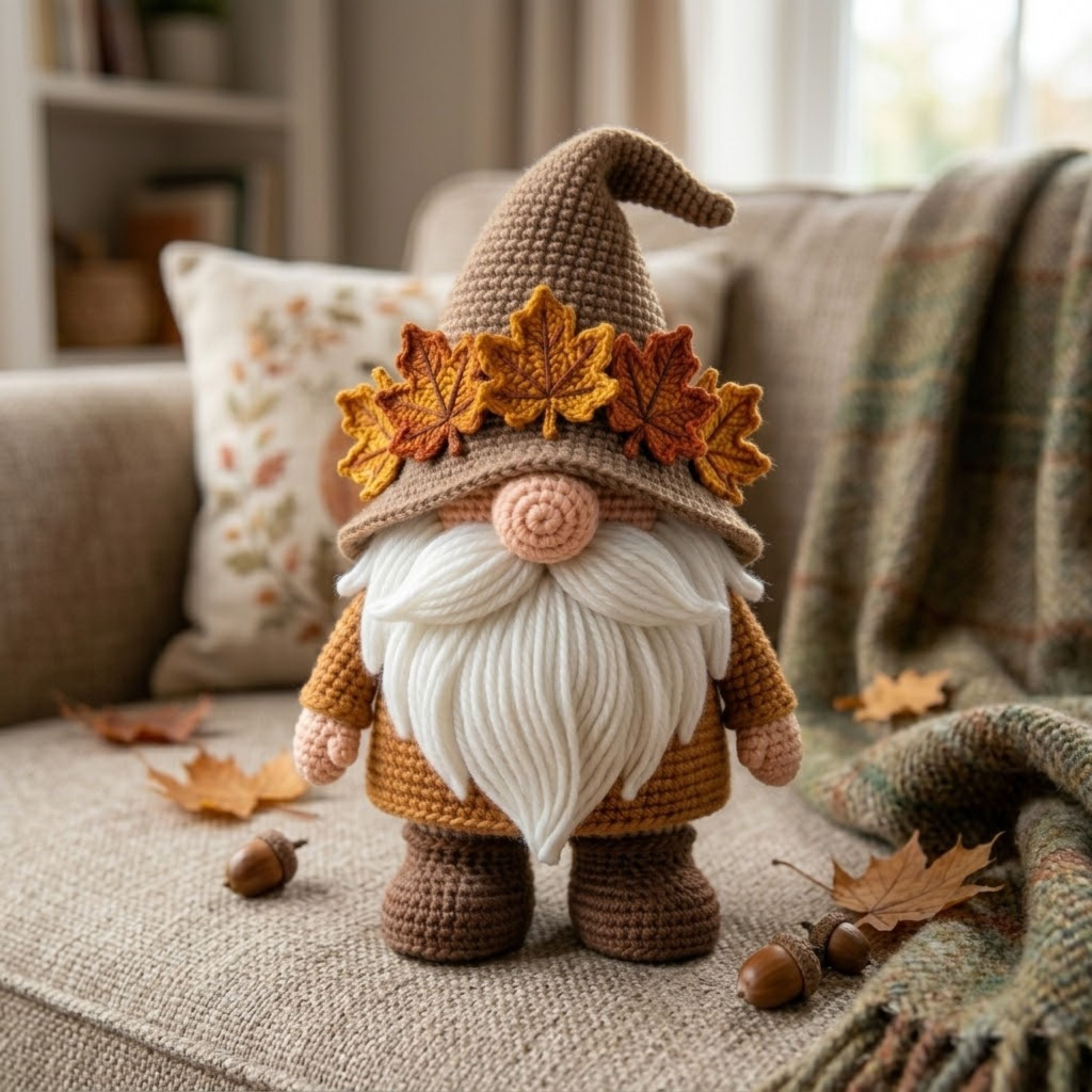 Handmade Crochet Autumn Gnome Plush, Cute Amigurumi Gnome Doll, Fall Leaf Hat Decor, Soft Yarn Elf Gift for Kids Home Decor