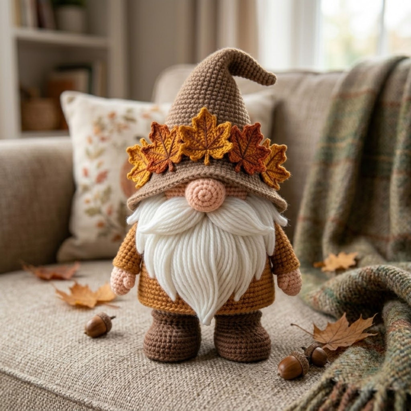 Handmade Crochet Autumn Gnome Plush, Cute Amigurumi Gnome Doll, Fall Leaf Hat Decor, Soft Yarn Elf Gift for Kids Home Decor