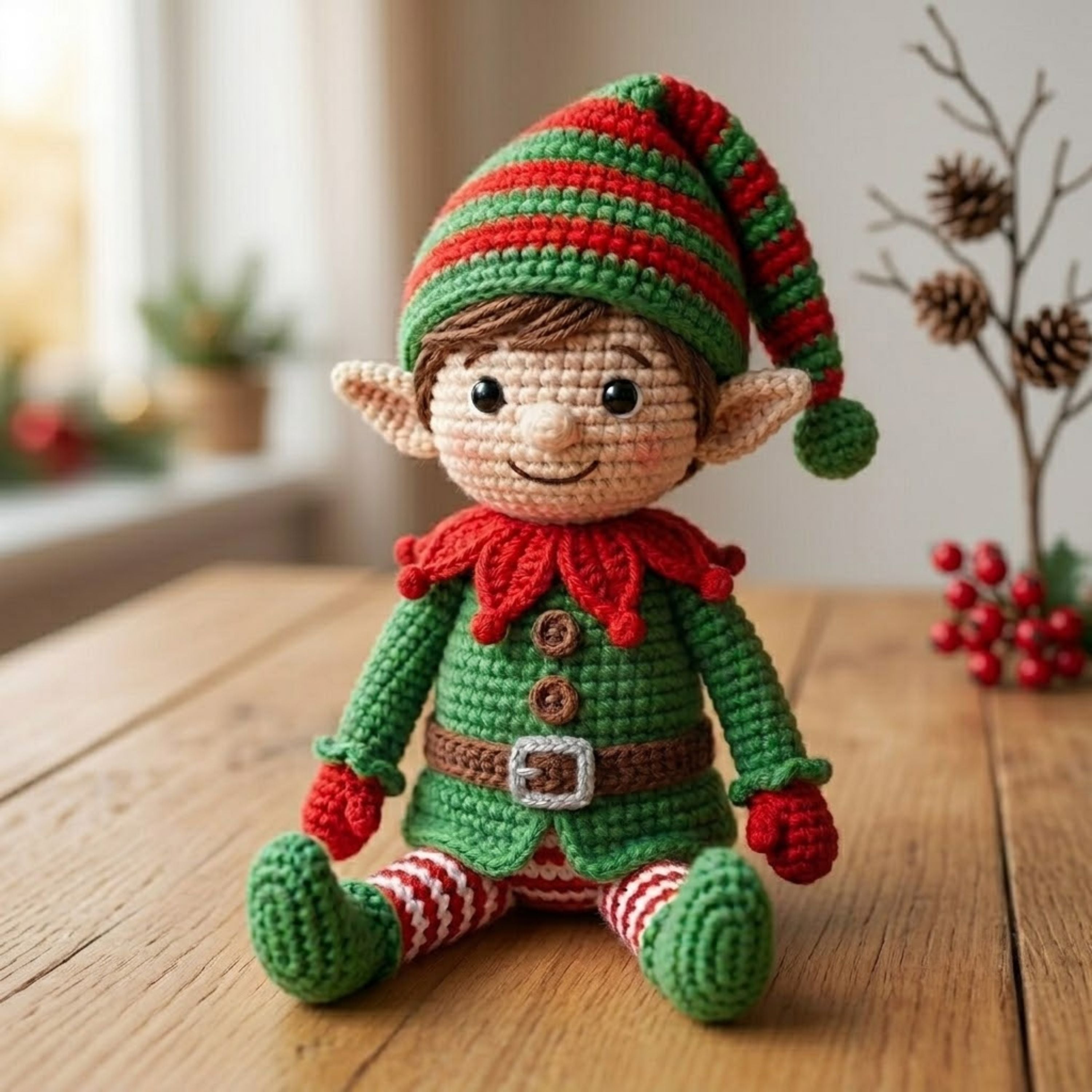 Handmade Crochet Christmas Elf Plush, Cute Amigurumi Elf Doll, Holiday Yarn Toy, Soft Santa Helper Gift for Kids Xmas Decor