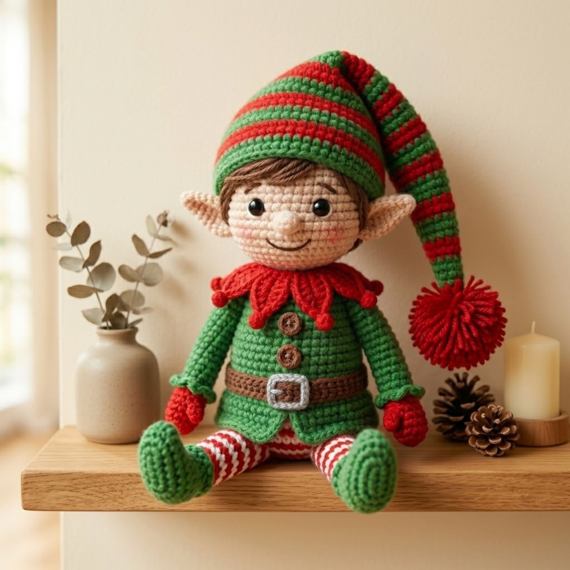 Handmade Crochet Christmas Elf Plush, Cute Amigurumi Elf Doll, Holiday Yarn Toy, Soft Santa Helper Gift for Kids Xmas Decor